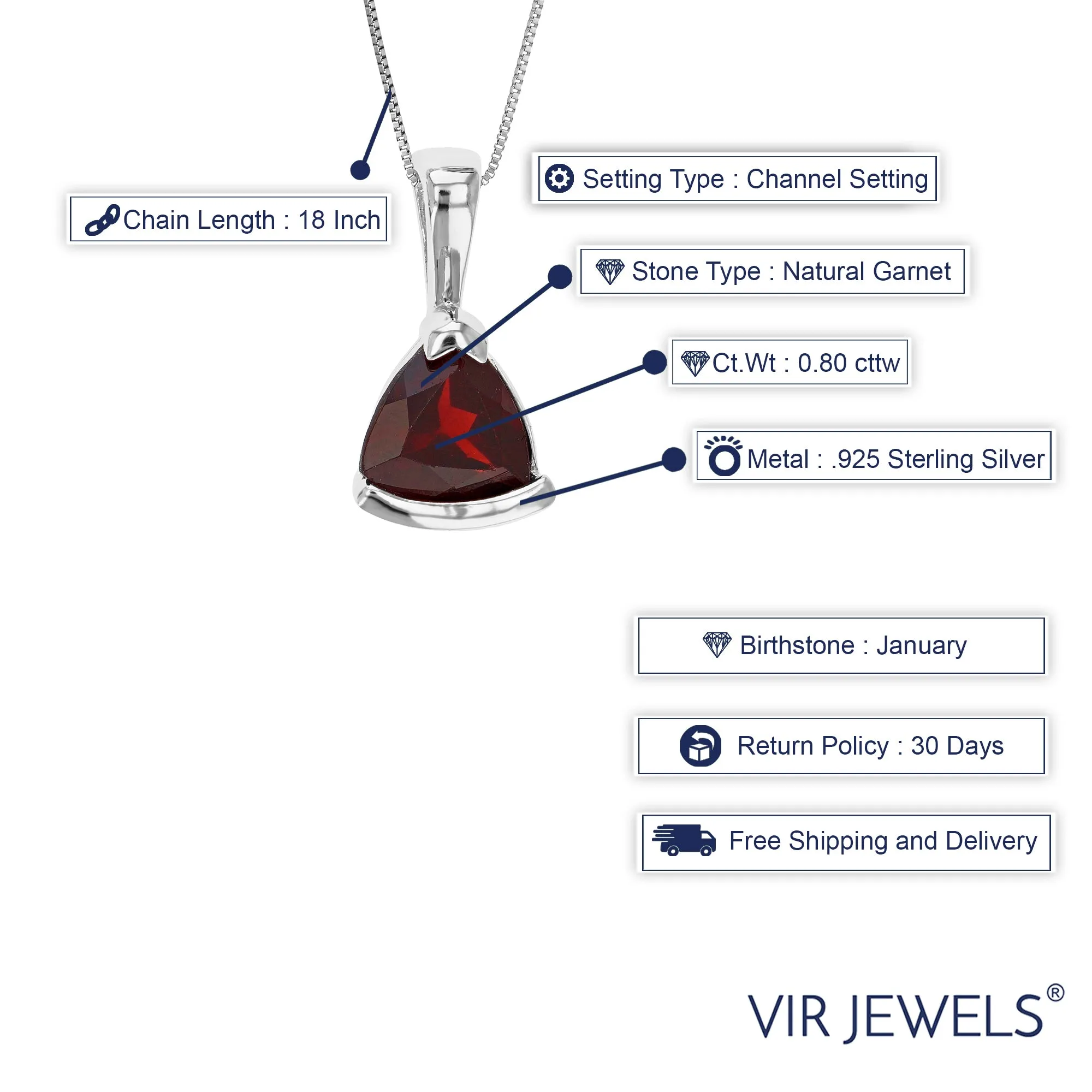 0.80 cttw Garnet Pendant Necklace .925 Sterling Silver 7 MM Trillion With Chain