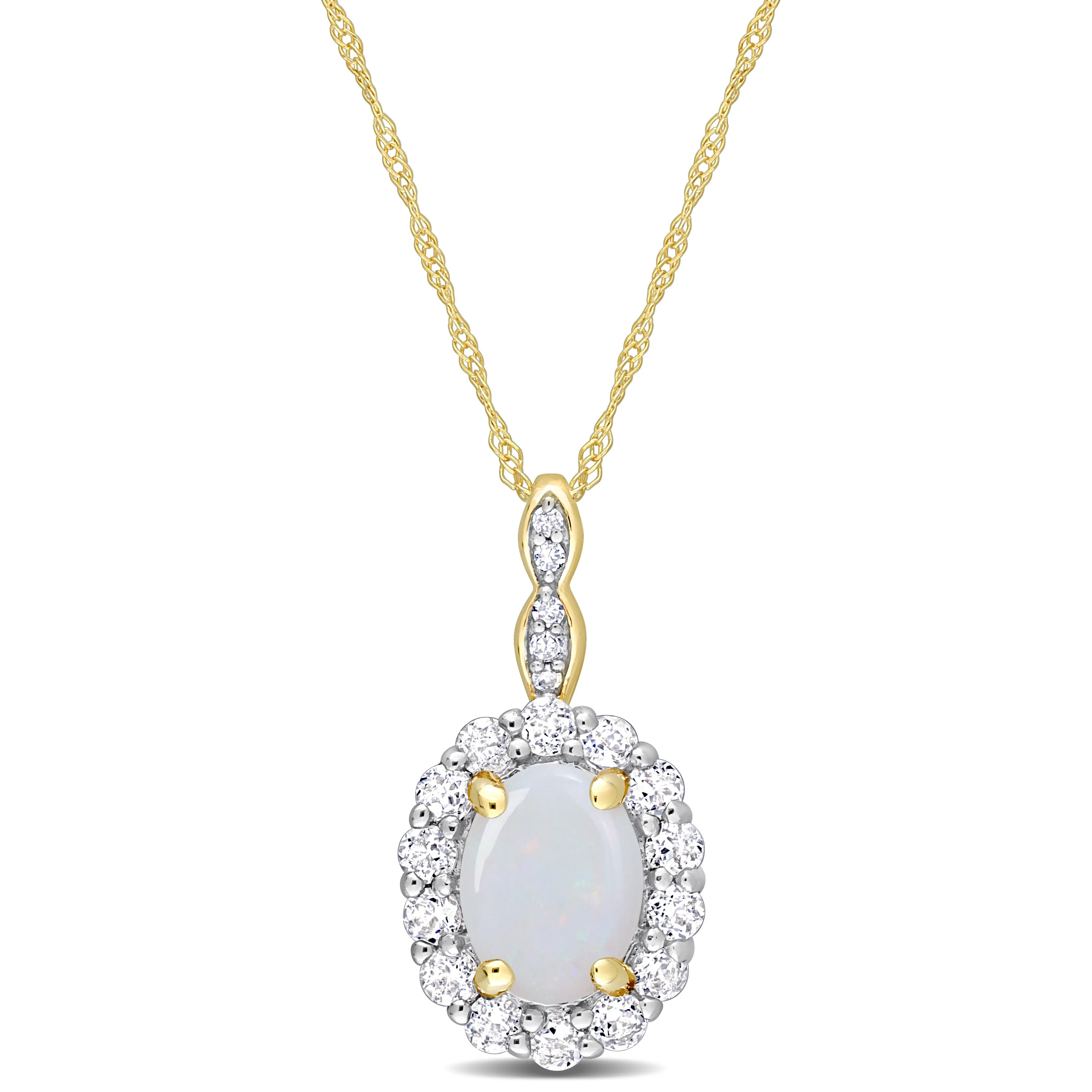 1 1/2 CT TGW Oval Shape Opal and White Topaz and Diamond Accent Halo Pendant with Chain in 14K Yellow Gold