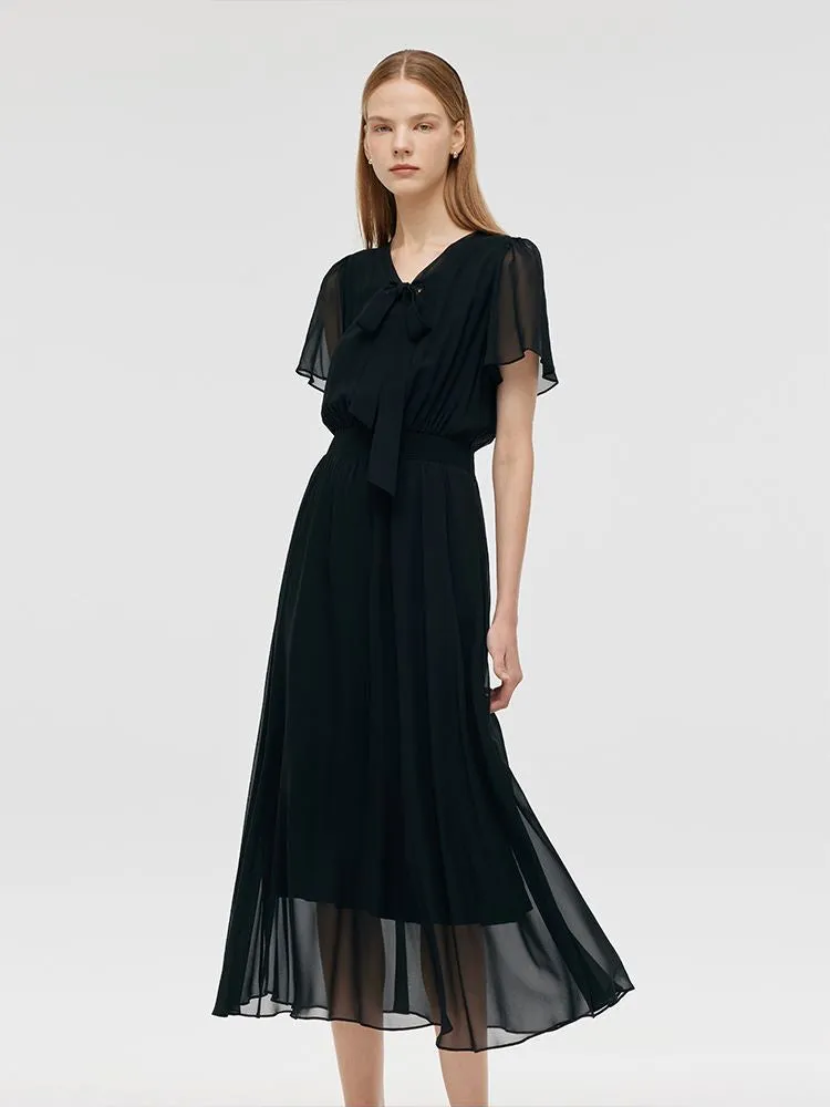 10 Momme Mulberry Silk Bow Tie Neck Ruffle Women Midi Dress