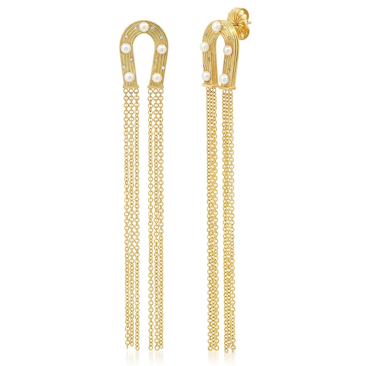 14K Yellow Gold Reeded Gold Pearl and Diamond Tassel Horseshoe Earrings