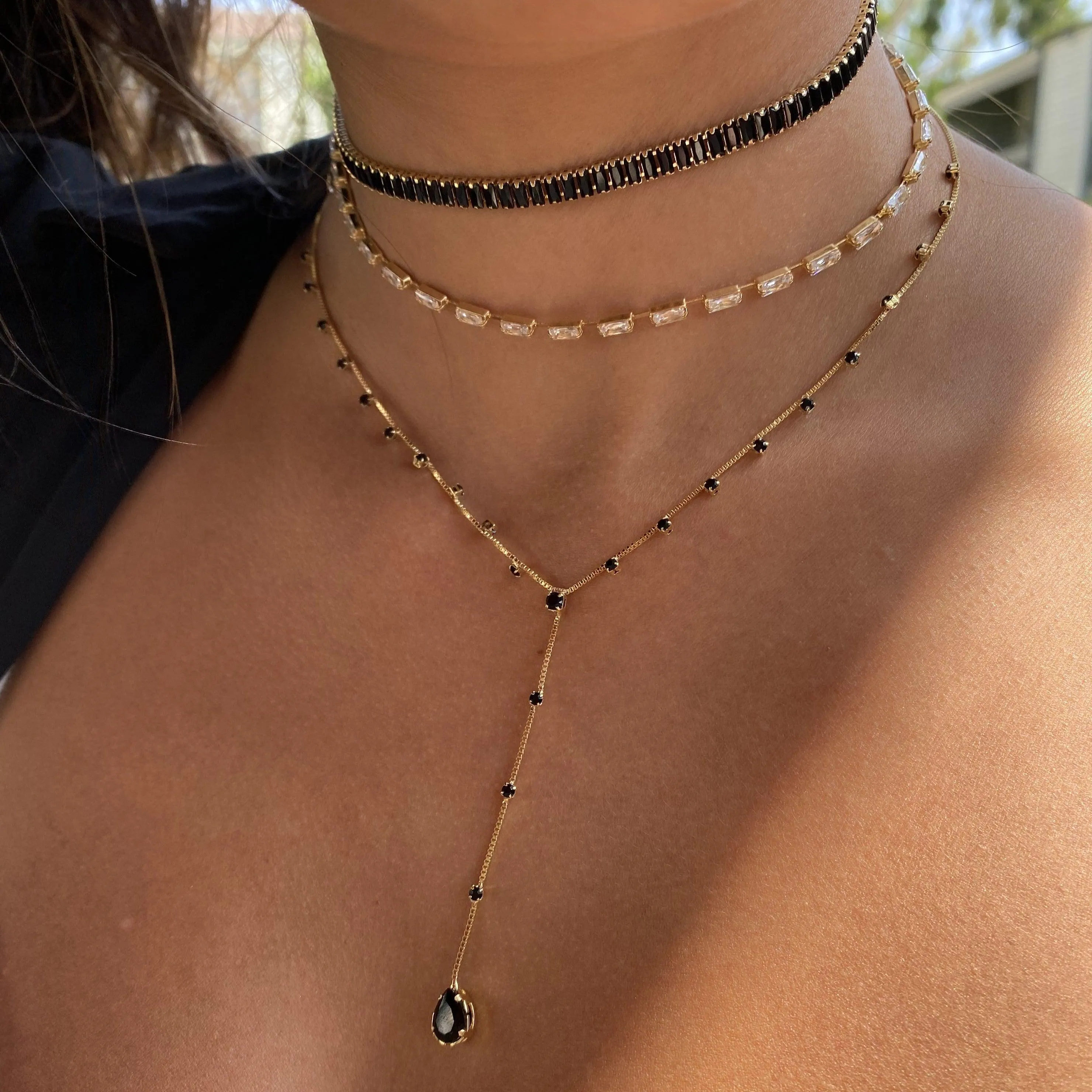 18k Gold Filled Black Baguette Cubic Zirconia Choker Featuring Fancy Extender