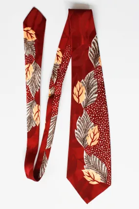 1940s Red Rayon Necktie with Leaf Print