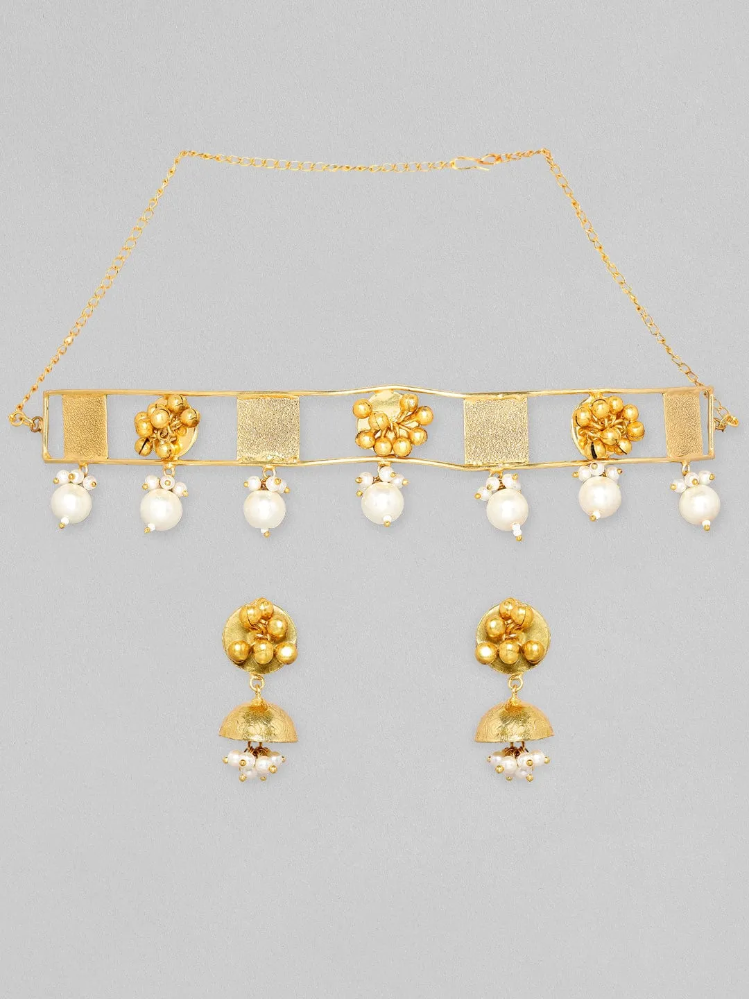 24K Gold Plated Handcrafted Pearls, Square And Floral Design Choker Set