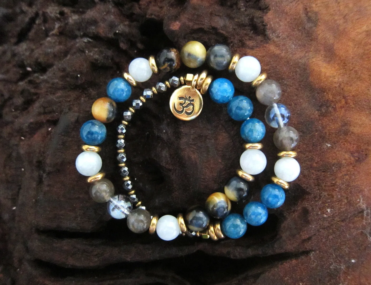 27 Bead Mala in Blue Apatite, Aquamarine, Honey Mustard Tiger Eye Bracelet