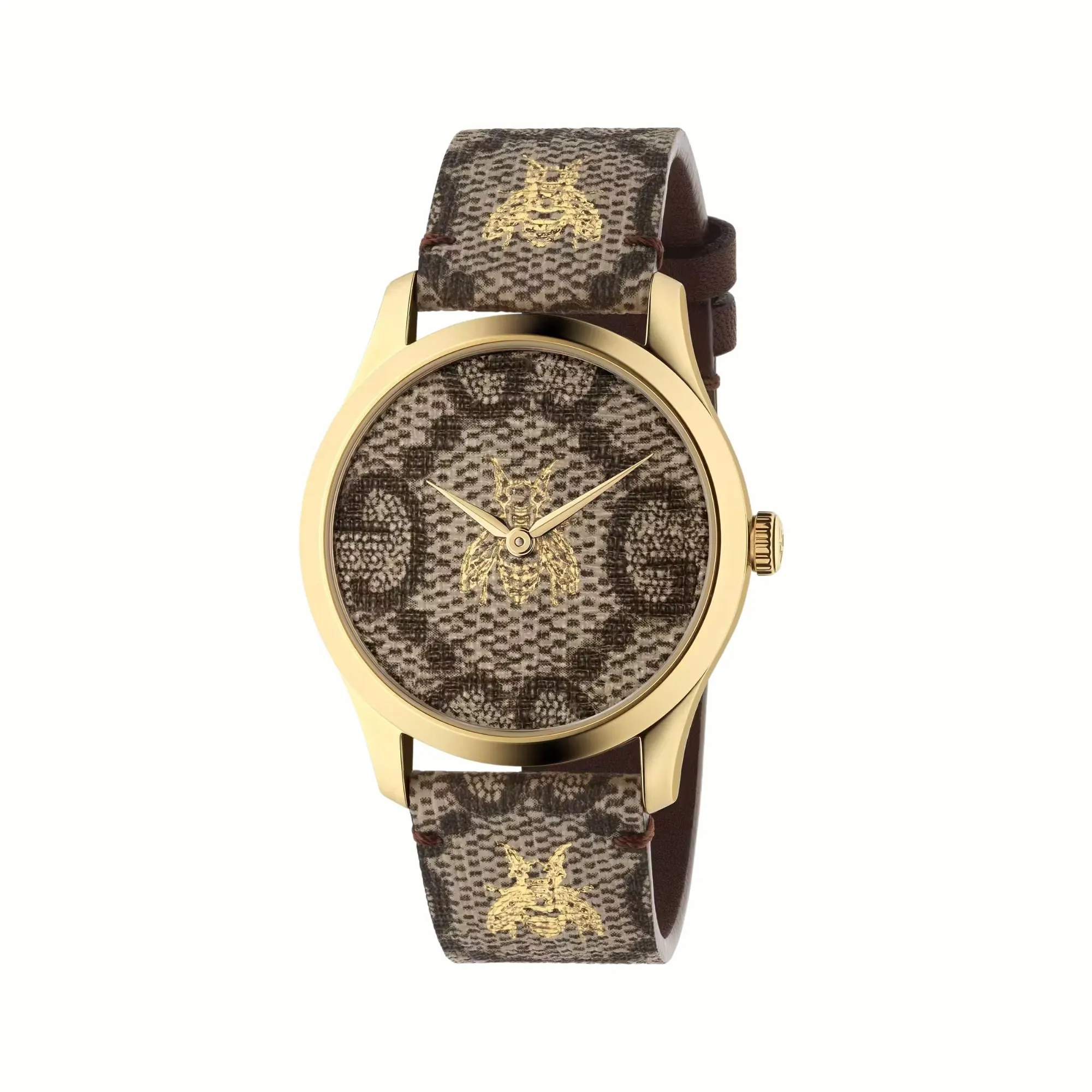 38MM GUCCI G-TIMELESS QUARTZ WATCH WITH BEE DIAL AND LEATHER STRAP