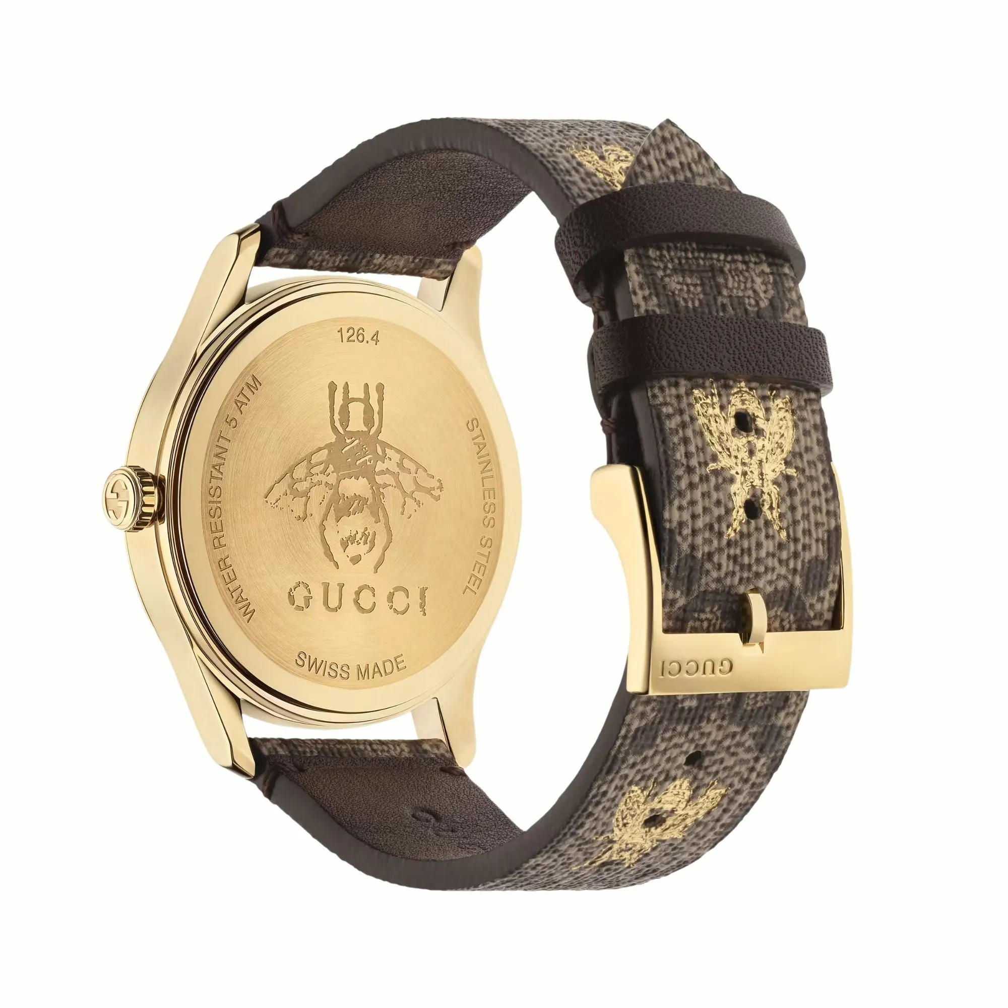 38MM GUCCI G-TIMELESS QUARTZ WATCH WITH BEE DIAL AND LEATHER STRAP