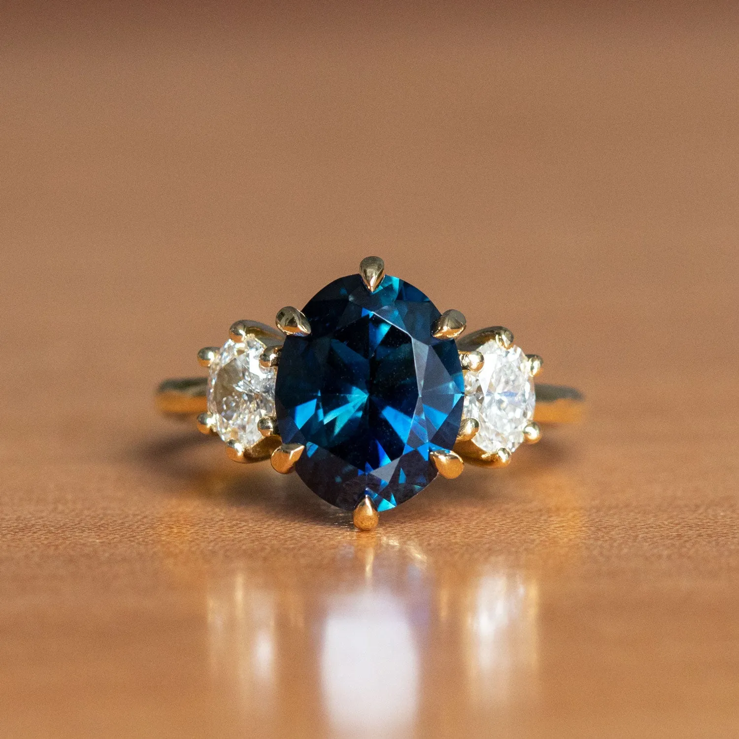 4.05ct Blue Oval Sapphire and Diamond Low Profile Antique Style Three Stone Ring in 18k Yellow Gold