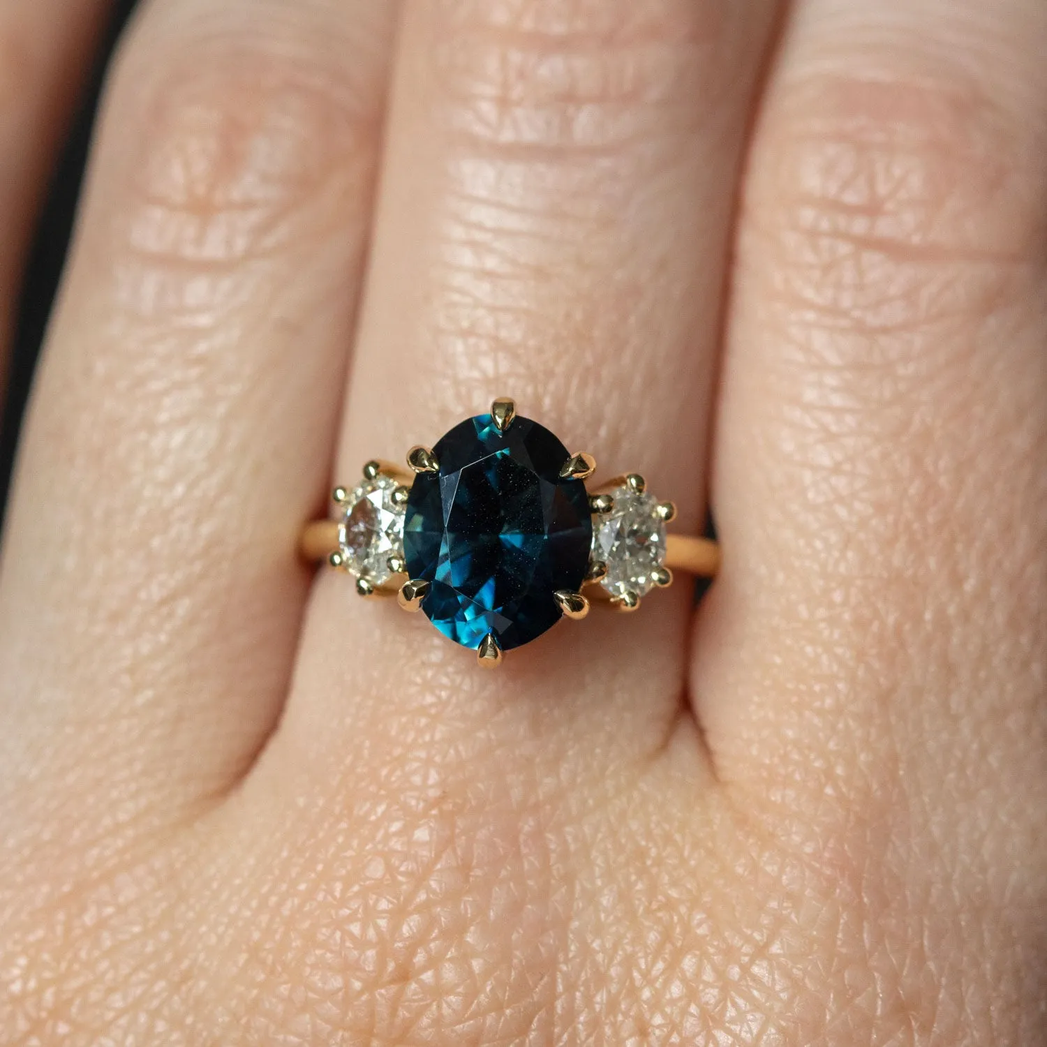 4.05ct Blue Oval Sapphire and Diamond Low Profile Antique Style Three Stone Ring in 18k Yellow Gold