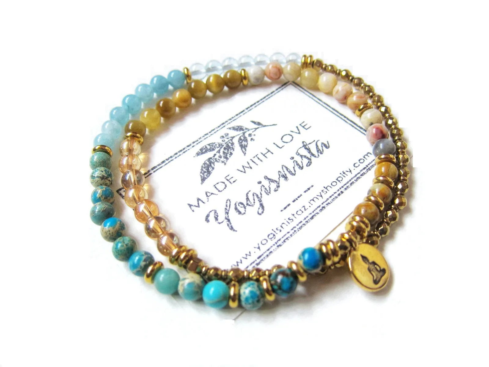 54 Bead Mala Bracelet (Necklace) in Blue Aqua Sediment Jasper and Crazy Lace Agate