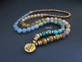 54 Bead Mala Bracelet (Necklace) in Blue Aqua Sediment Jasper and Crazy Lace Agate