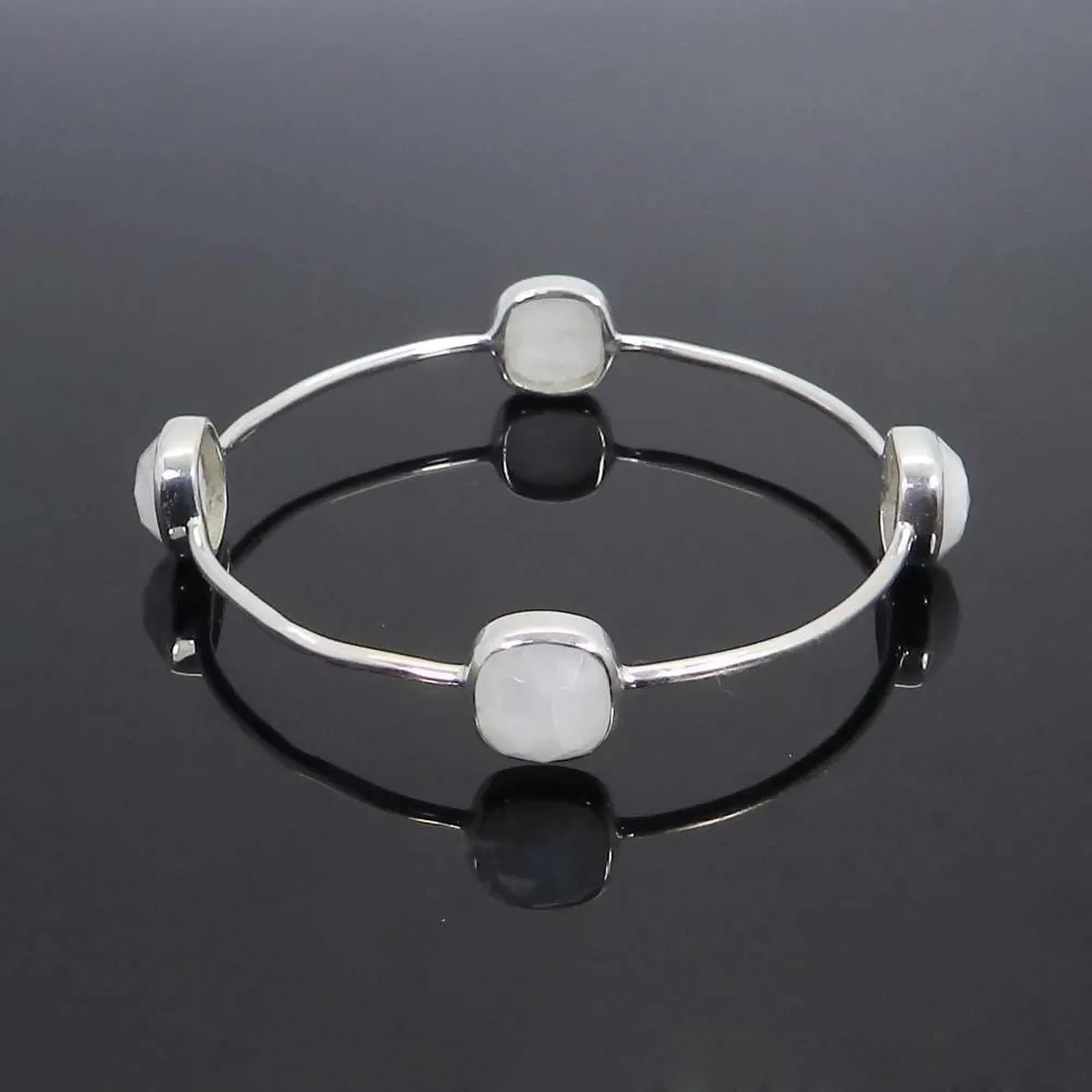 925 Sterling Silver Rainbow Moonstone Bezel Set Bangle Bracelet