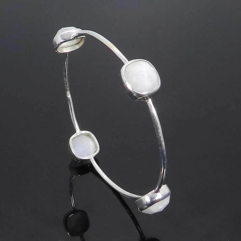 925 Sterling Silver Rainbow Moonstone Bezel Set Bangle Bracelet