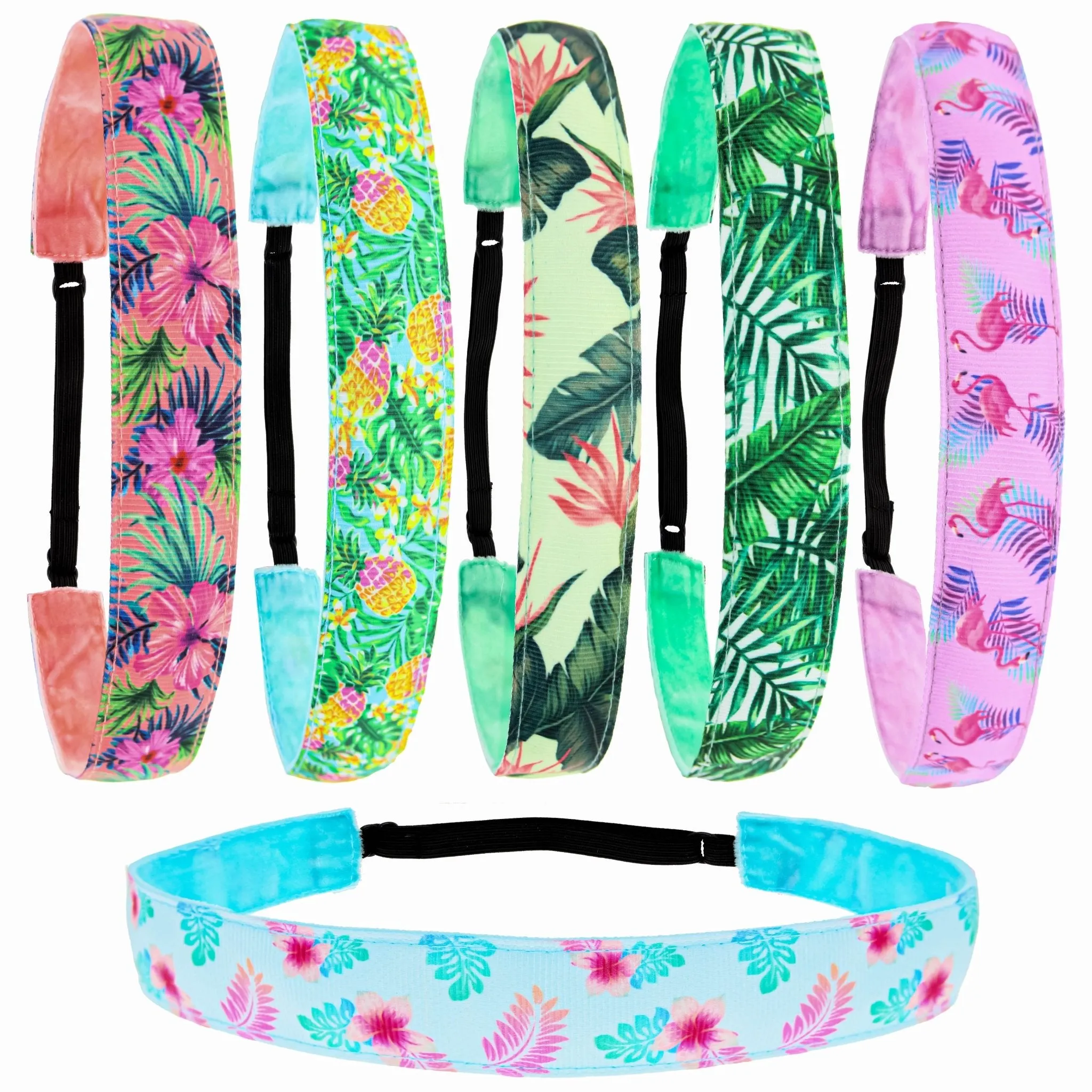 Adjustable No Slip Tropical Headbands - 6 Pack