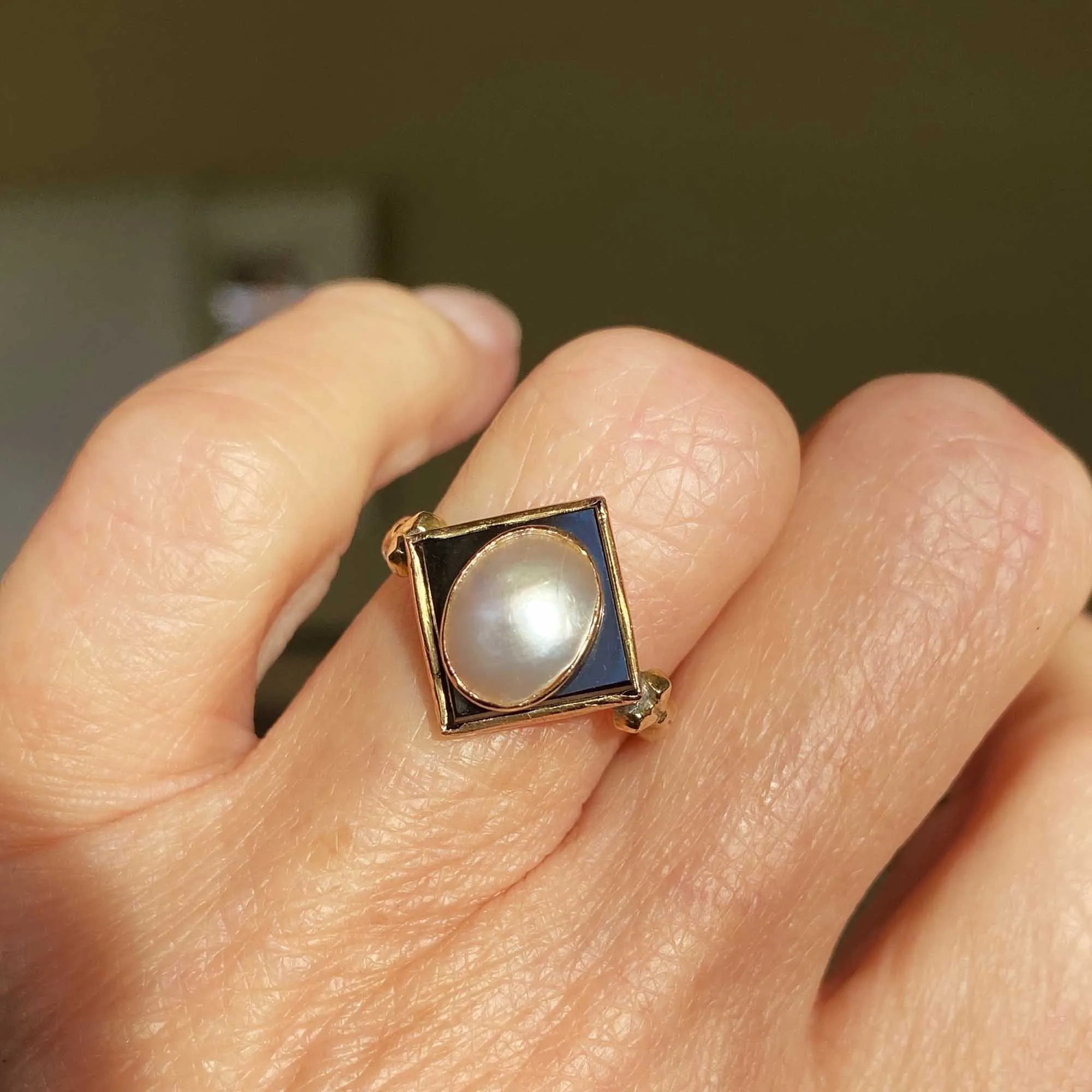 Antique Baroque Pearl Black Onyx Ring in 14k Gold