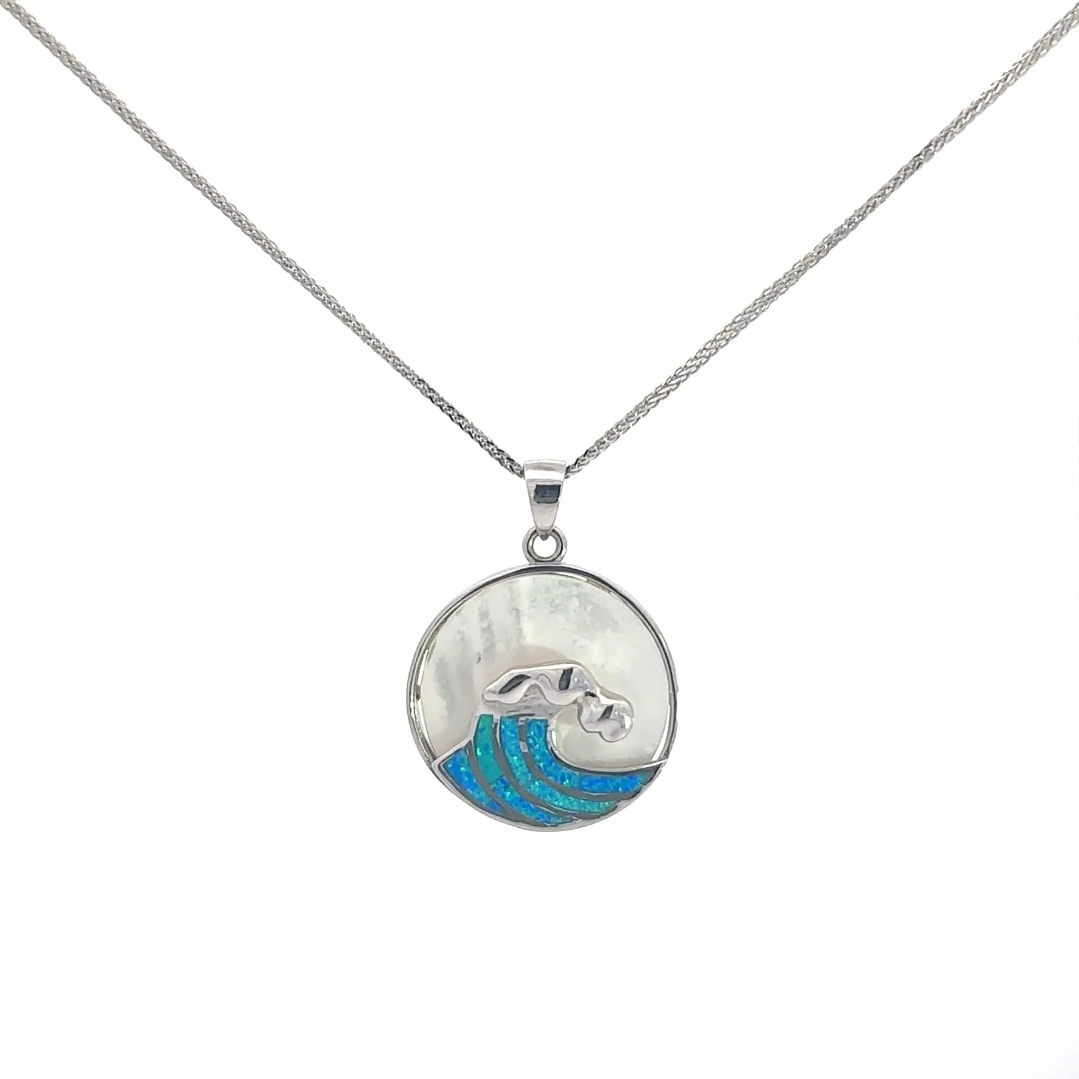 Baikalla Sterling Silver Lab-Made Blue Opal Wave Bezel Pendant Necklace