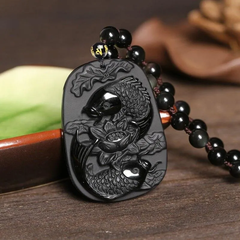 Black Obsidian Koi Fish and Lotus Pendant Necklace