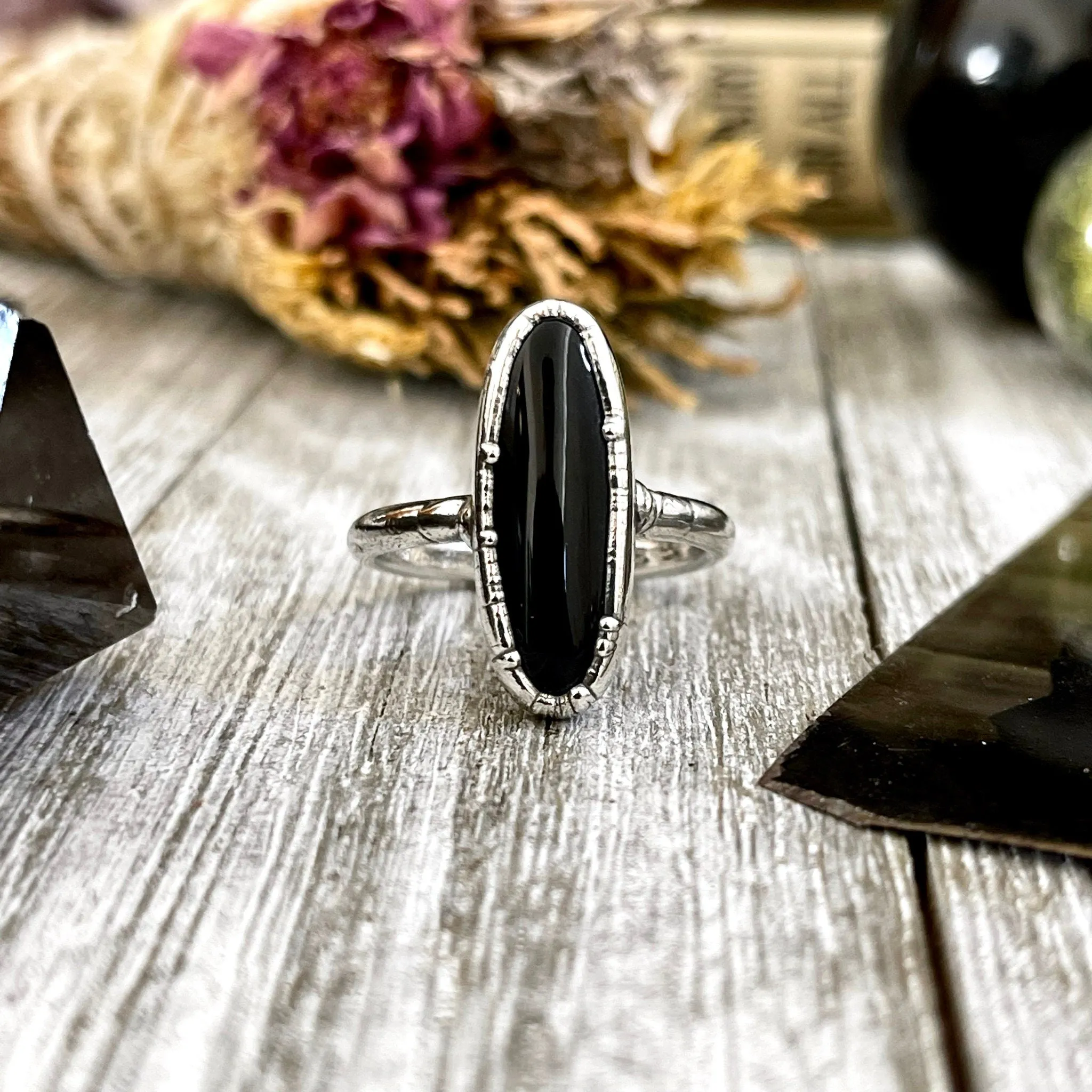 Black Onyx Oval Stone Ring in Fine Silver Size 6 7 8 9  10 / Foxlark Collection