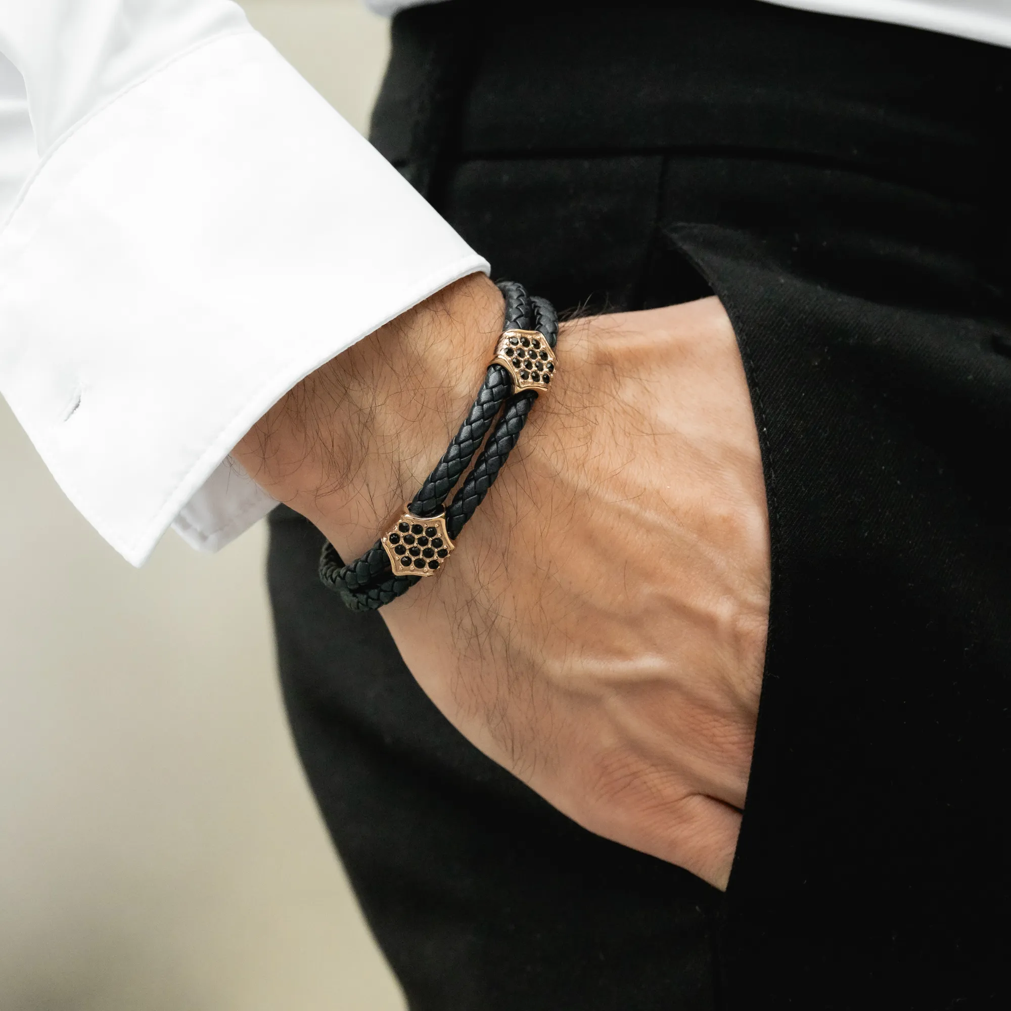 Blue Leather Bracelet with Zircon Diamond