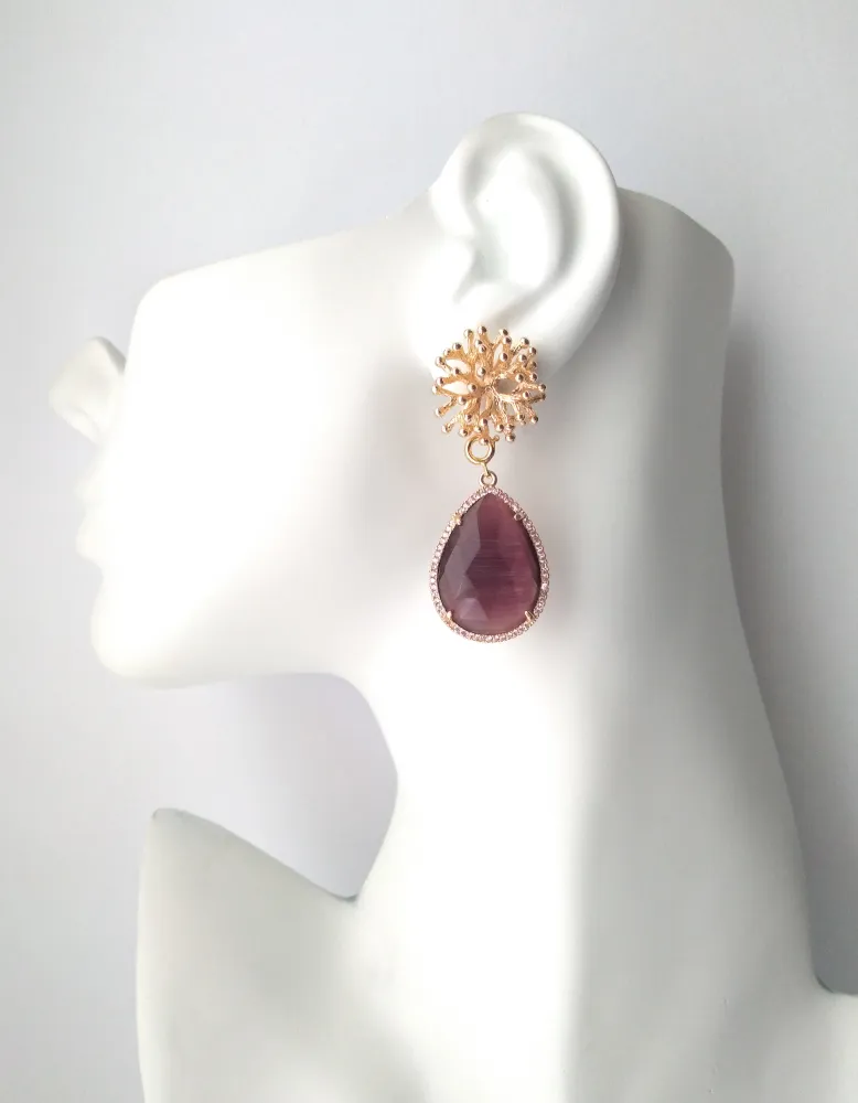 Branch Coral Studs with Haloed Purple Agate Detachable Dangles