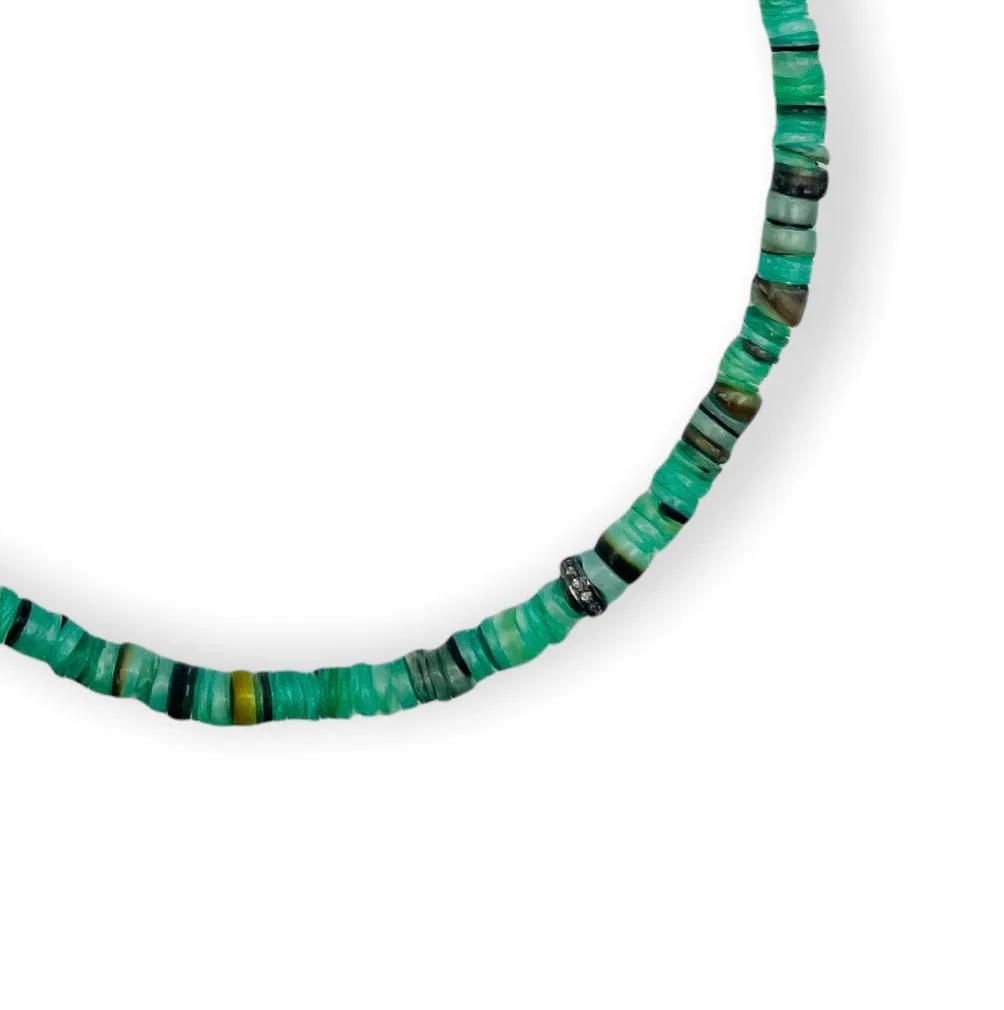 Candy Necklace - Green Heishi & Diamond Rondelle