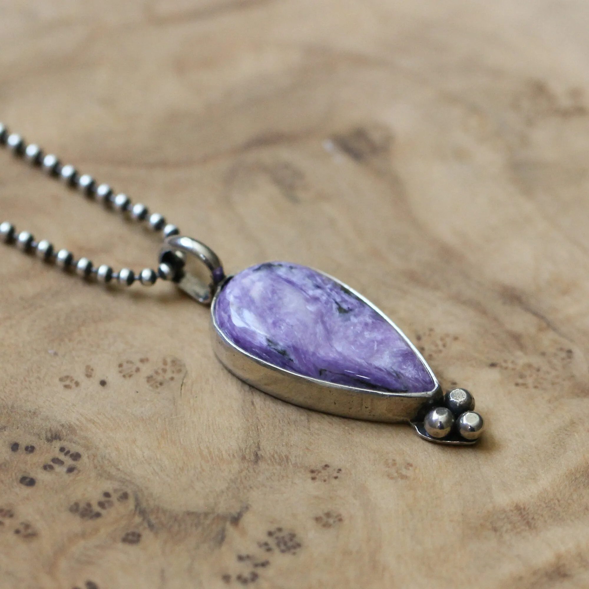 Charoite Sweetheart Pendant - Charoite Necklace - Upside down Teardrop - Silversmith