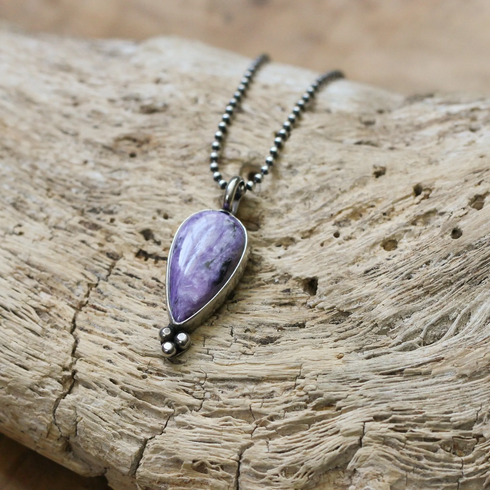 Charoite Sweetheart Pendant - Charoite Necklace - Upside down Teardrop - Silversmith