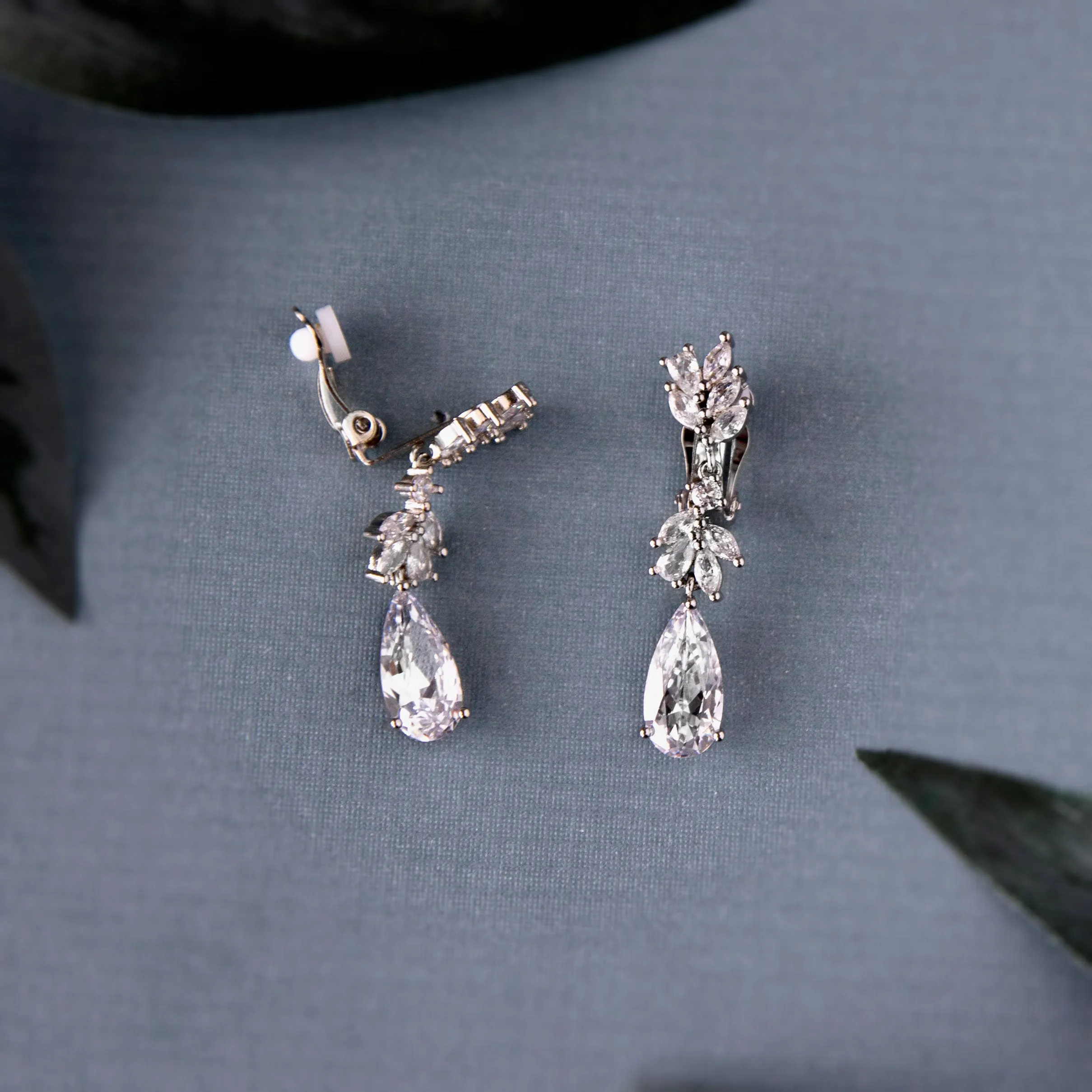 Clip-On CZ Elongated Pear Drop Earrings