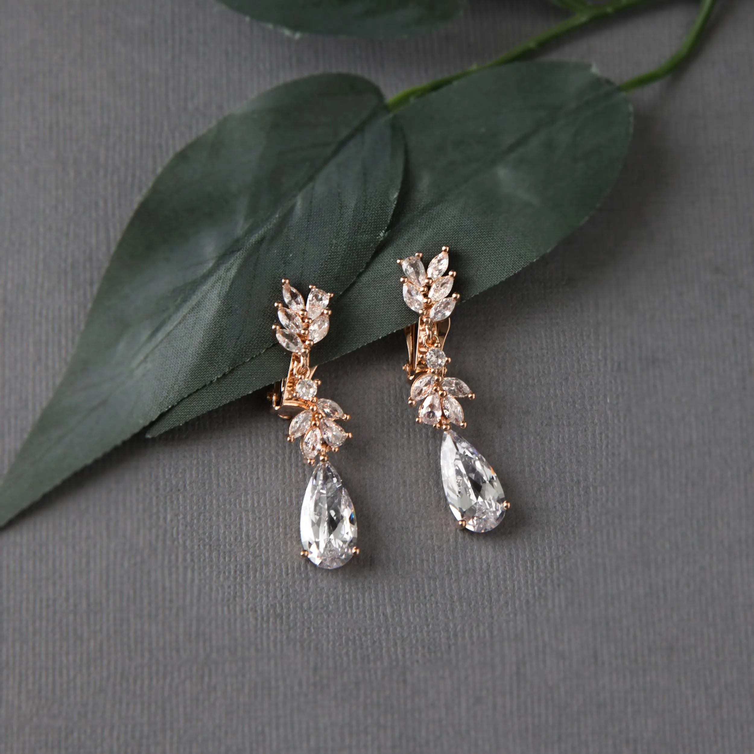 Clip-On CZ Elongated Pear Drop Earrings