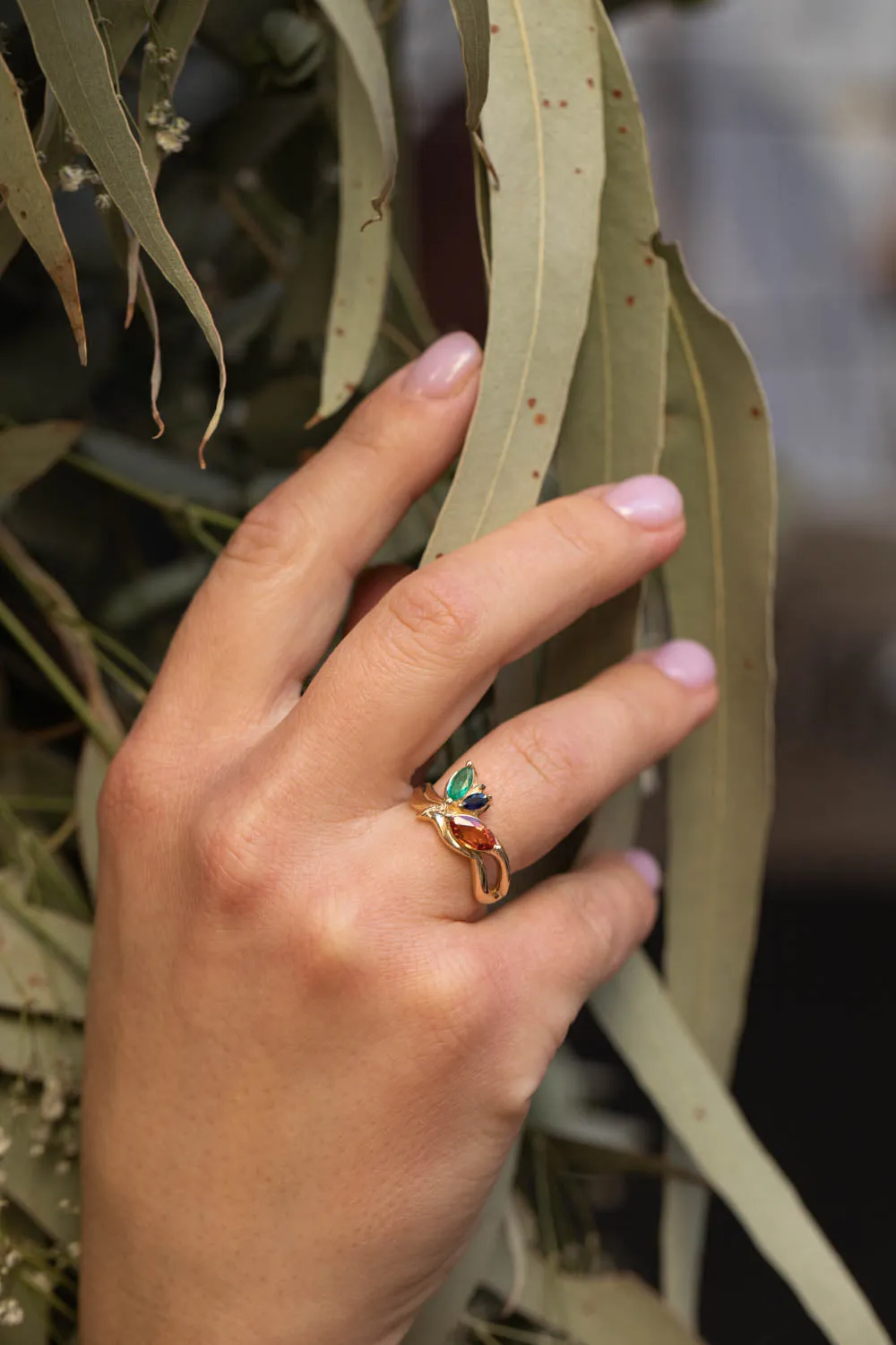 Cluster engagement ring, gold nature inspired ring with marquise cut gemstones / Strelitzia