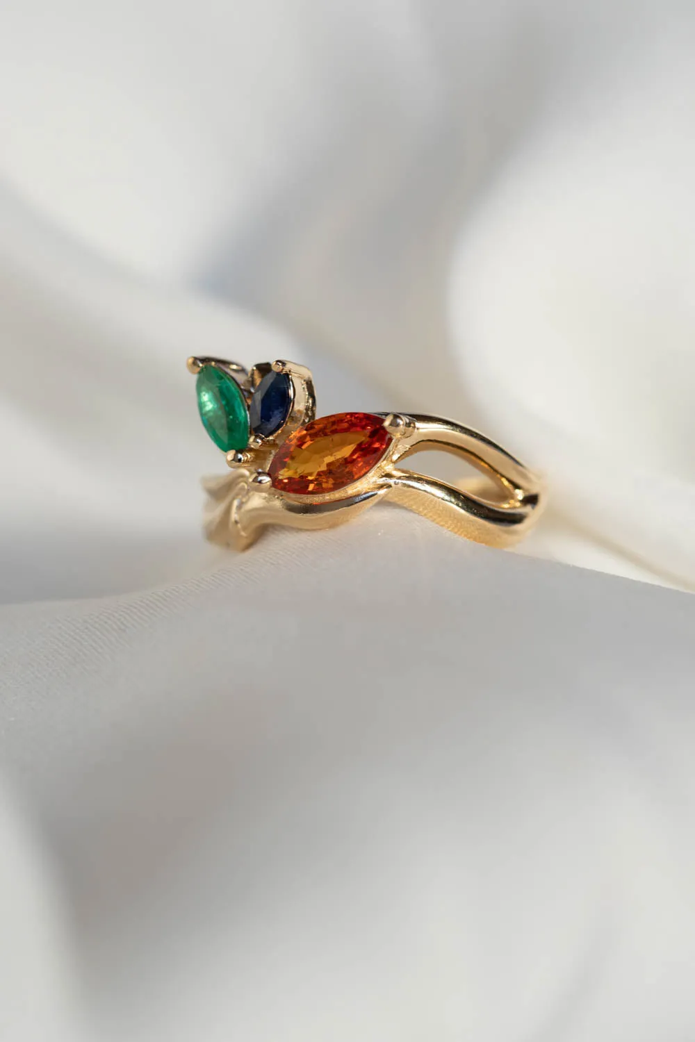 Cluster engagement ring, gold nature inspired ring with marquise cut gemstones / Strelitzia