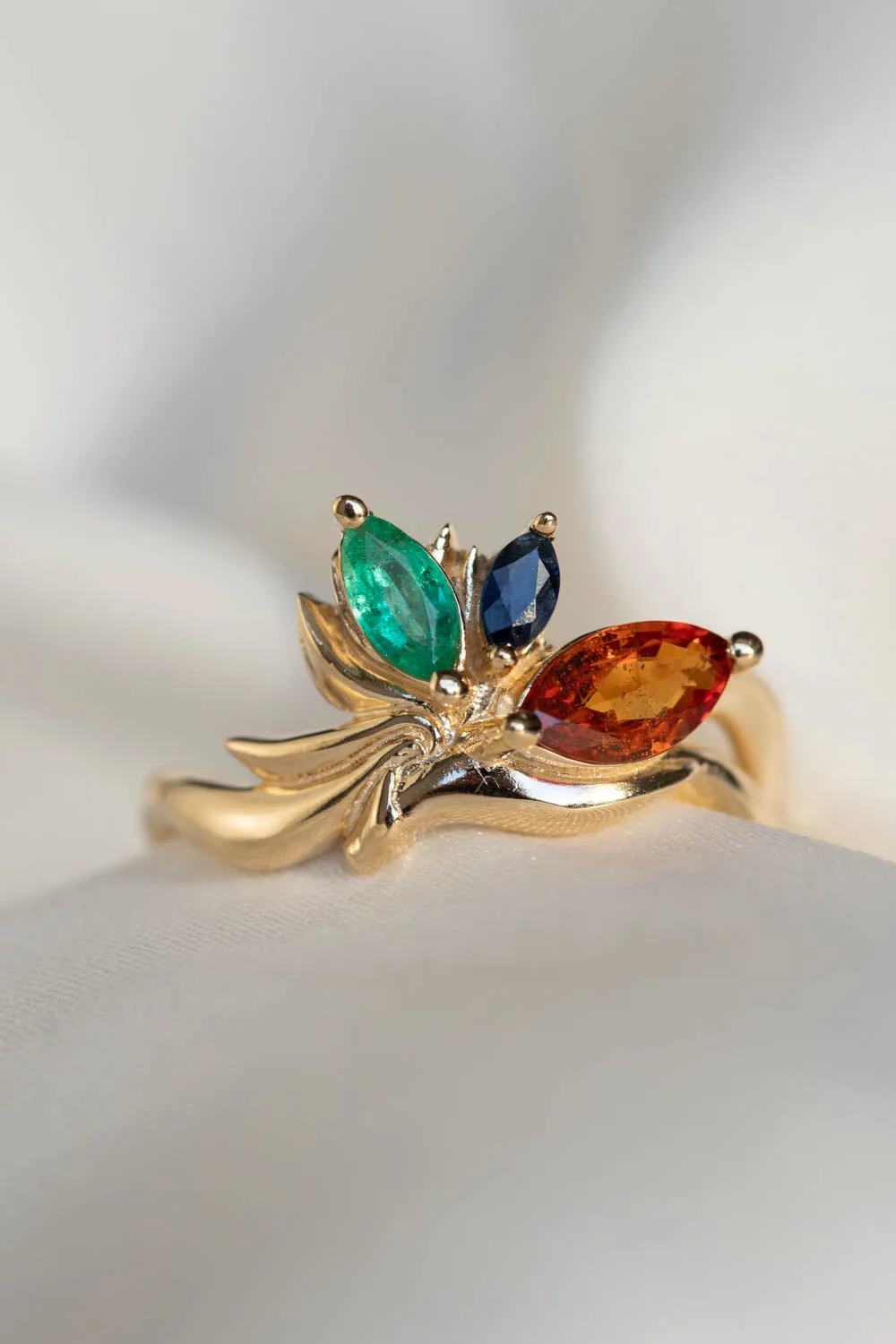 Cluster engagement ring, gold nature inspired ring with marquise cut gemstones / Strelitzia