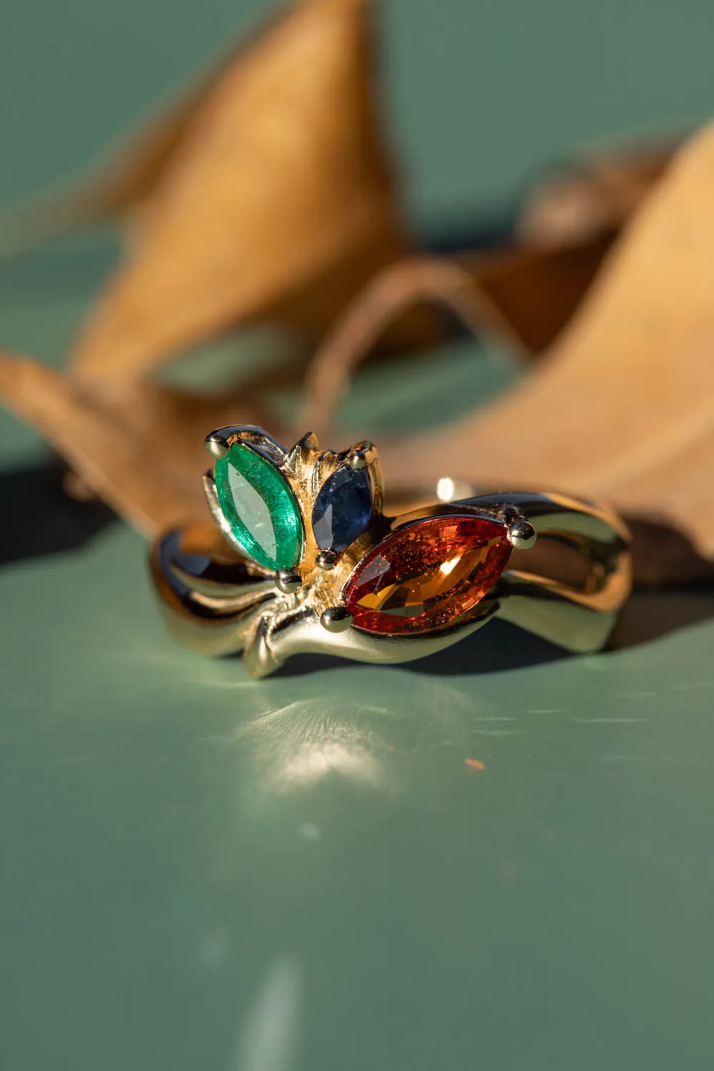 Cluster engagement ring, gold nature inspired ring with marquise cut gemstones / Strelitzia