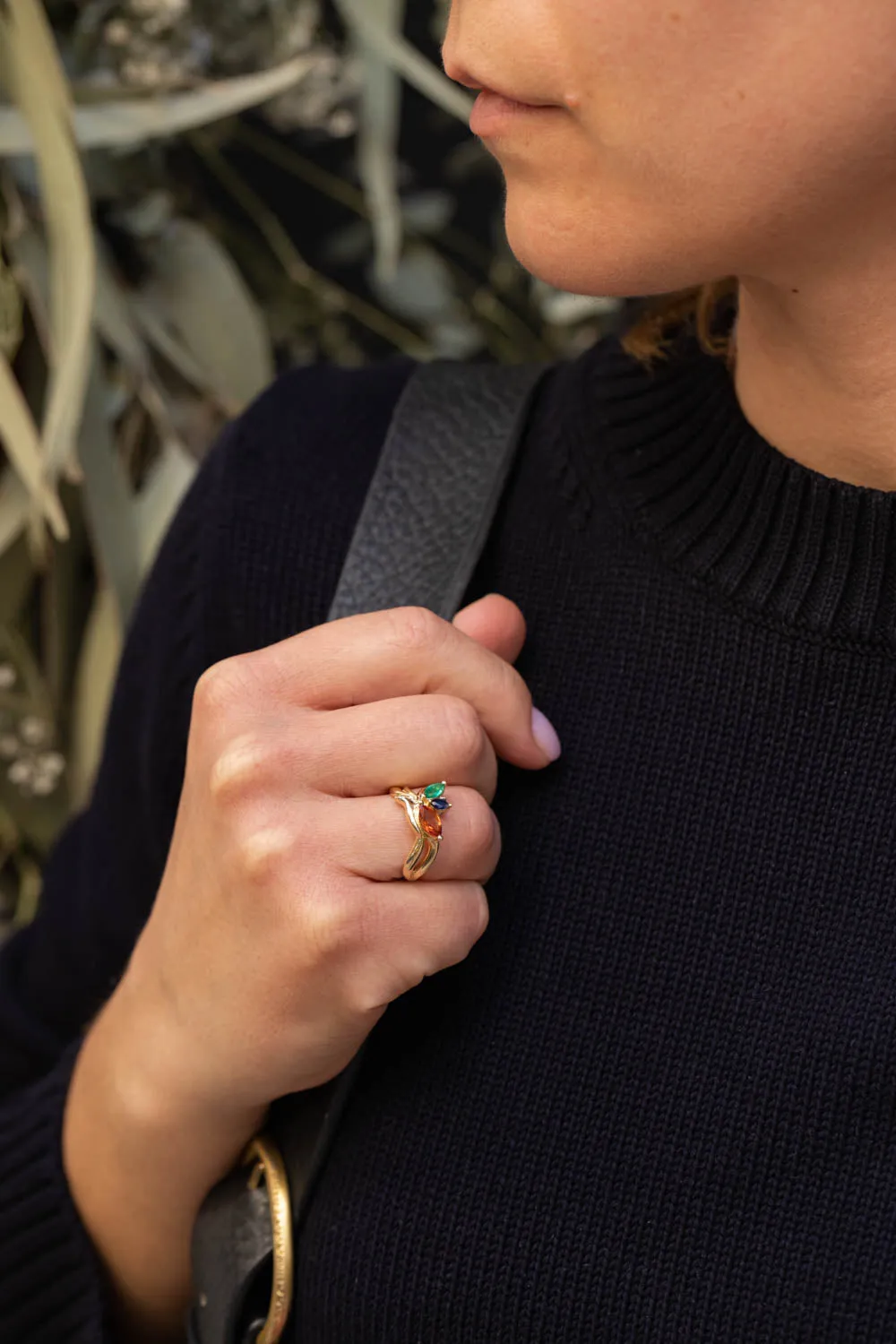 Cluster engagement ring, gold nature inspired ring with marquise cut gemstones / Strelitzia