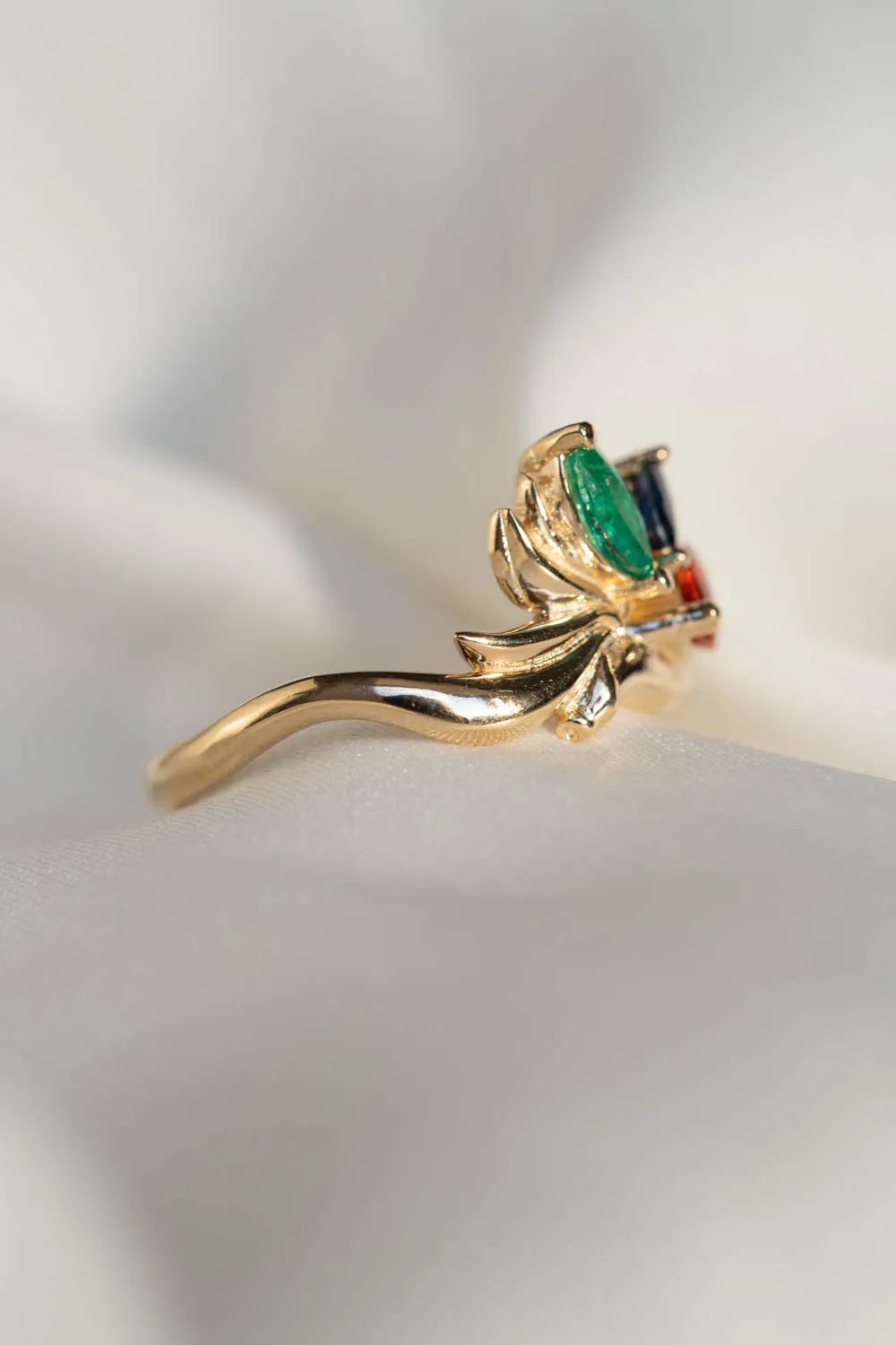 Cluster engagement ring, gold nature inspired ring with marquise cut gemstones / Strelitzia