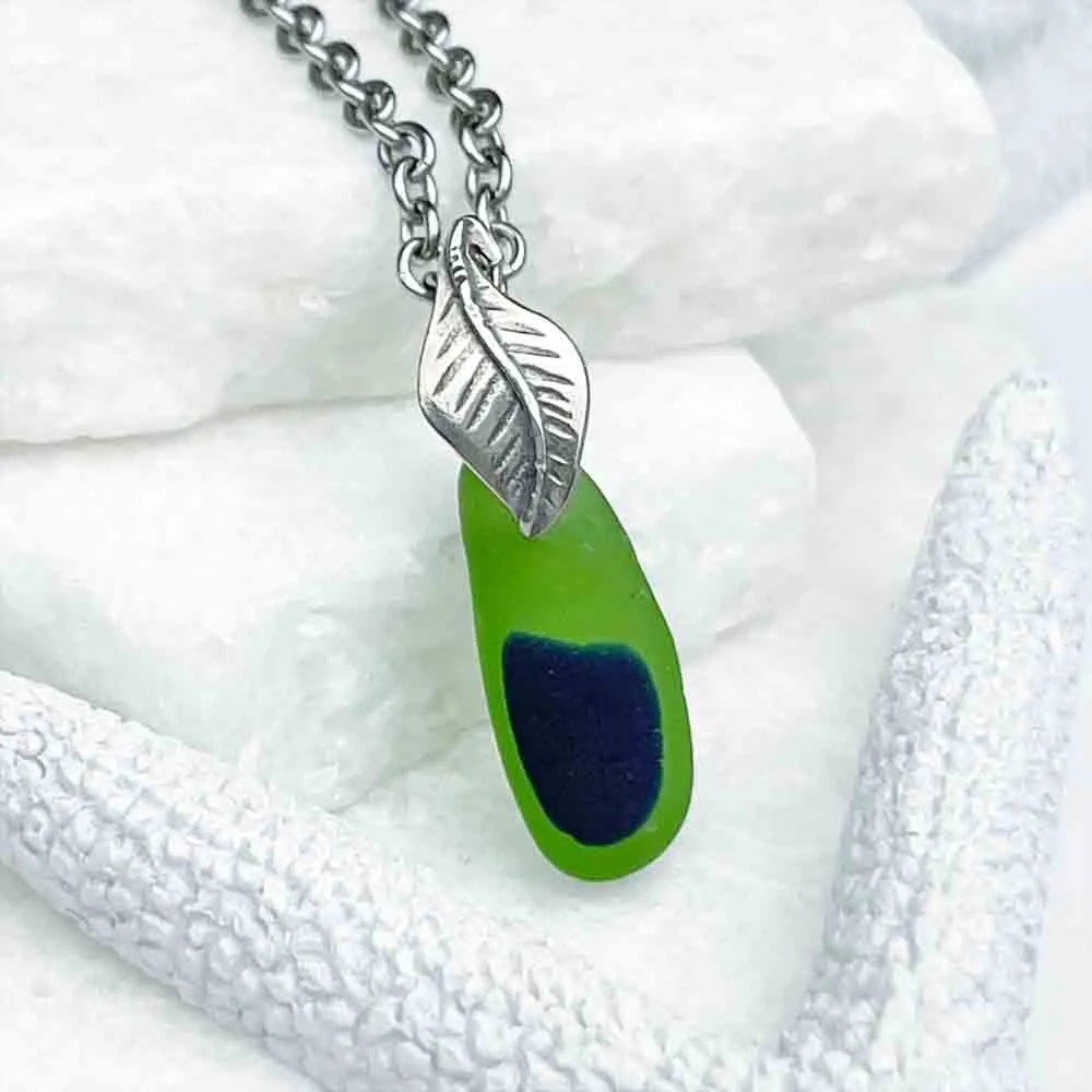 Cobalt Blue on Kelly Green English Multi Sea Glass Pendant with Leaf Bail | #1953