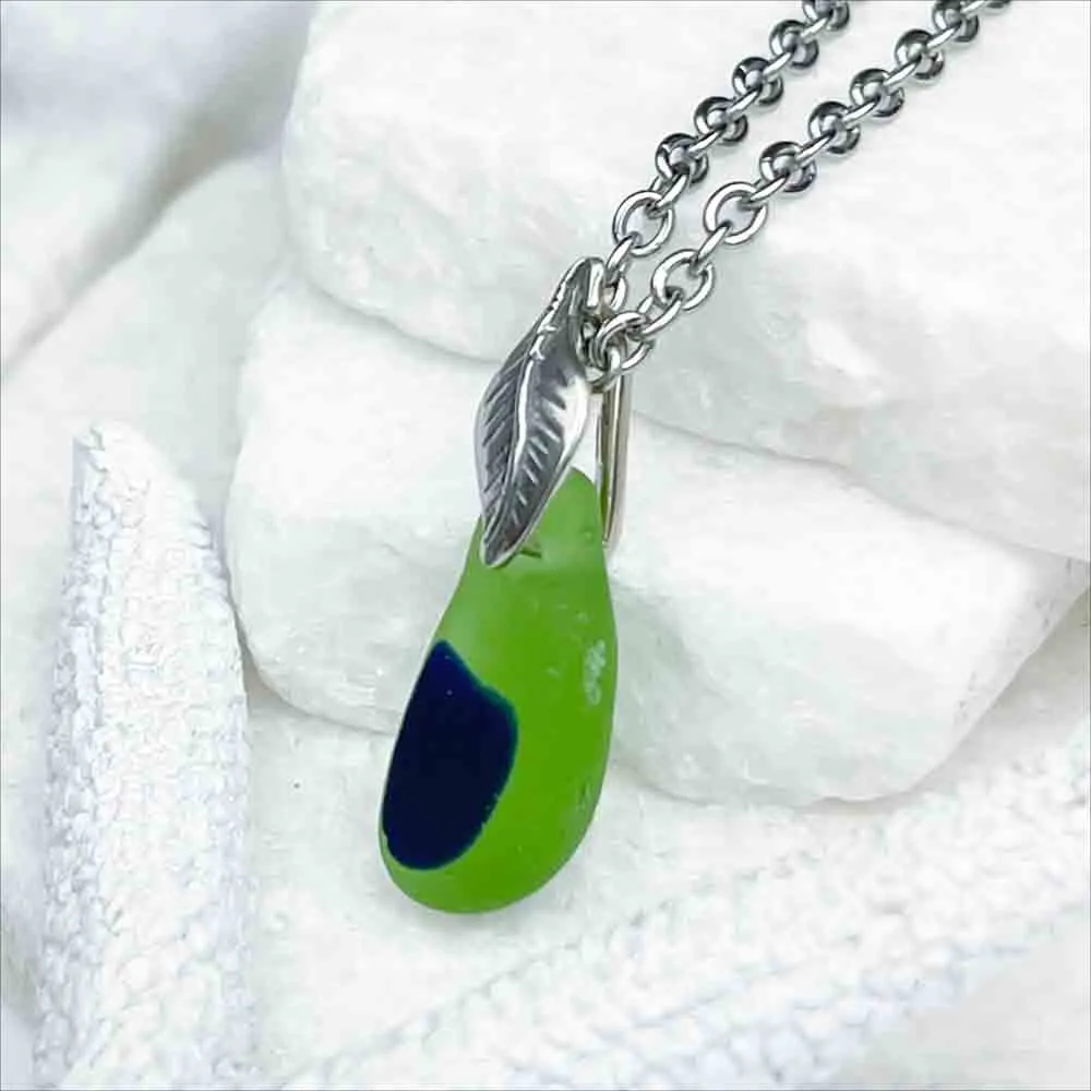 Cobalt Blue on Kelly Green English Multi Sea Glass Pendant with Leaf Bail | #1953