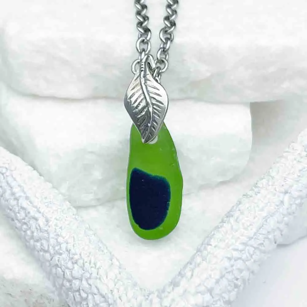 Cobalt Blue on Kelly Green English Multi Sea Glass Pendant with Leaf Bail | #1953