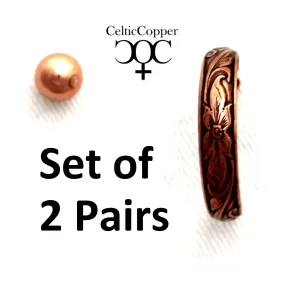 Copper Stud Earrings 2 Pair Set 7mm Round Solid Copper Stud / Floral Hoop Earrings