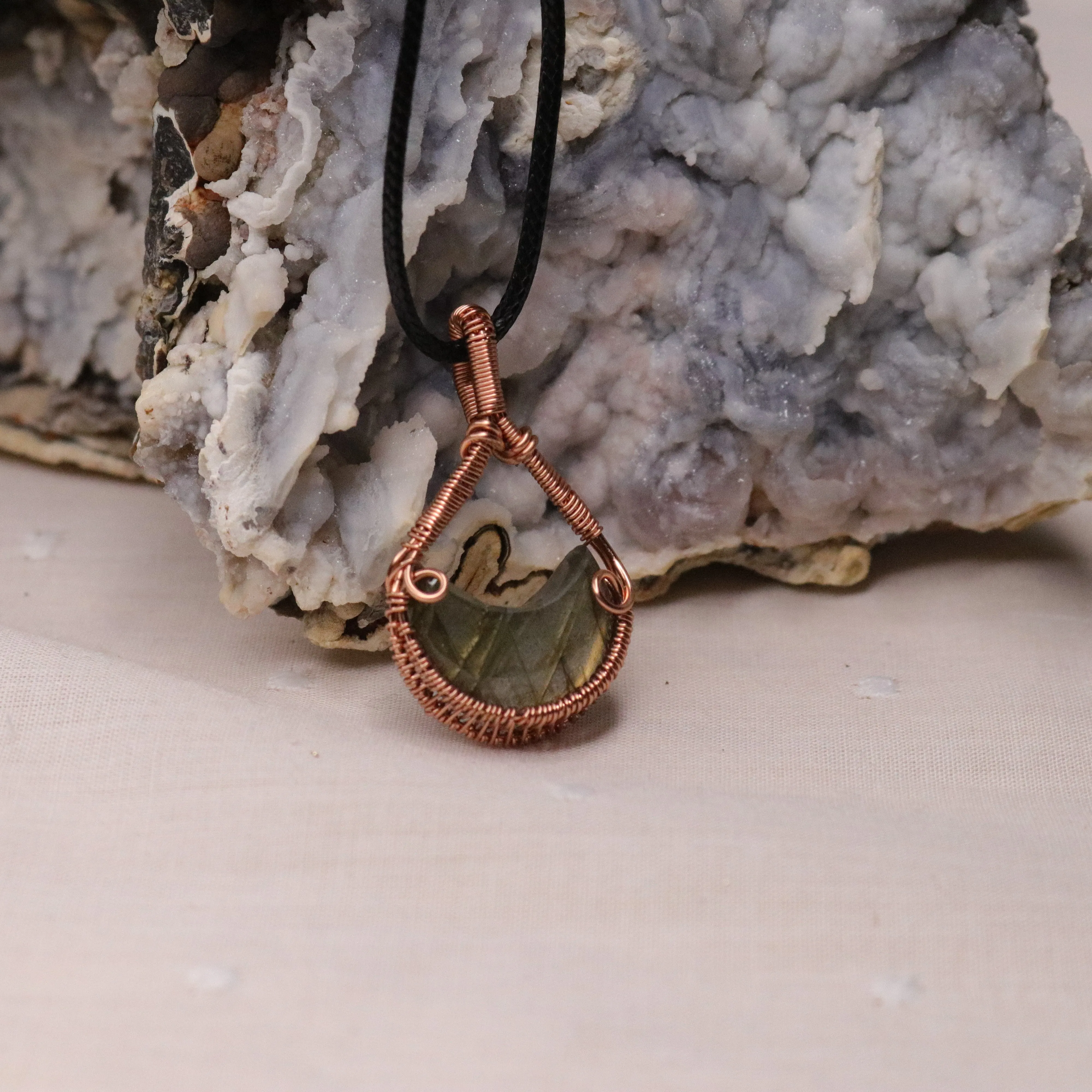 Copper Wire Wrapped Labradorite Mystical Moon Pendant~ Includes necklace cord