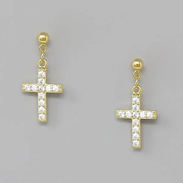 Cross CZ Pave Drop Earrings