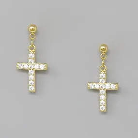 Cross CZ Pave Drop Earrings