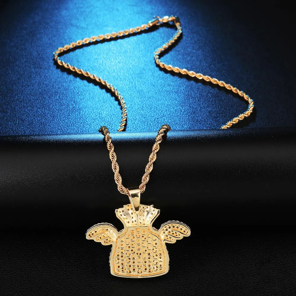 Cubic Zirconia Studded Dollar Cent Money Bag with Angel Wings Bling Hip-hop Pendant Necklace