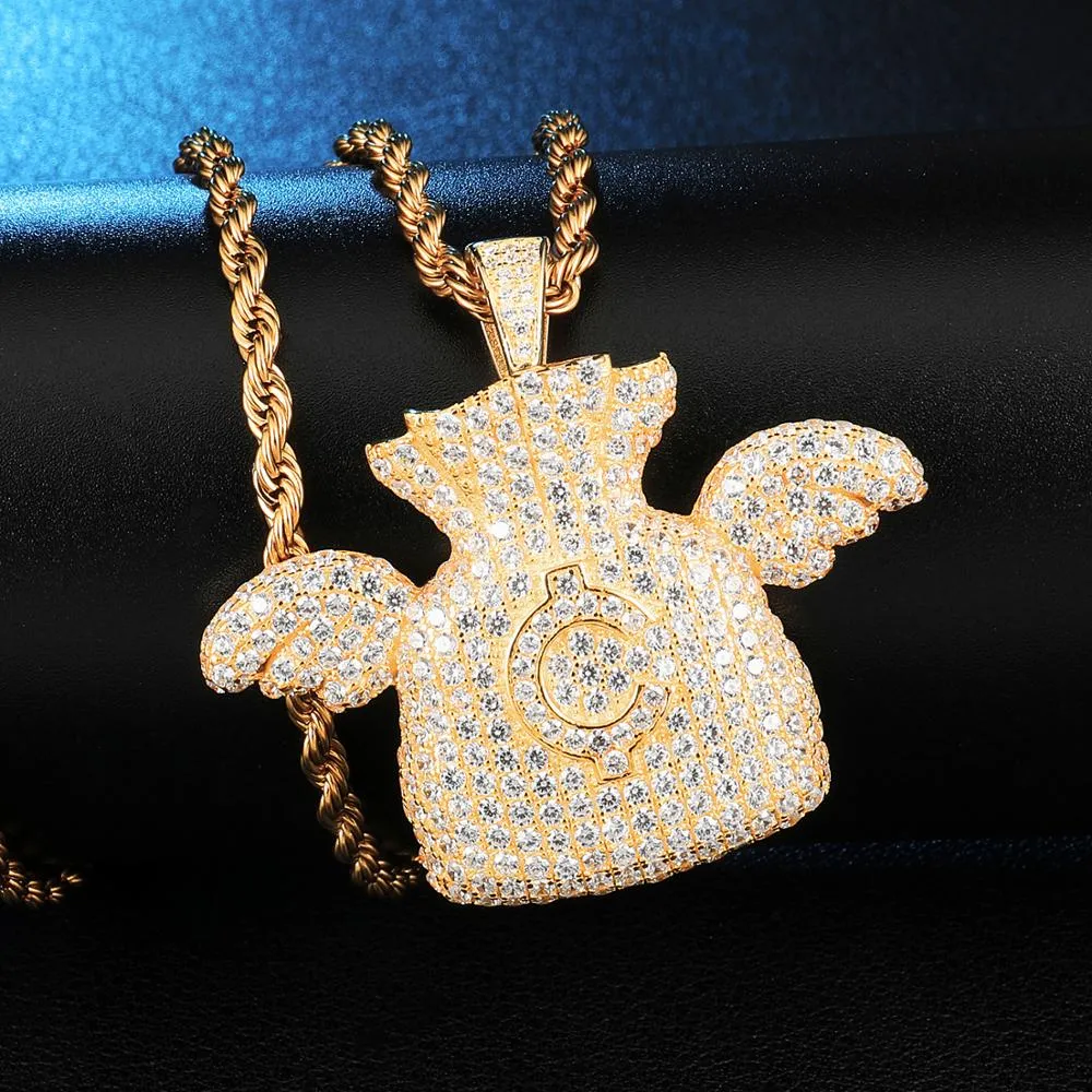 Cubic Zirconia Studded Dollar Cent Money Bag with Angel Wings Bling Hip-hop Pendant Necklace