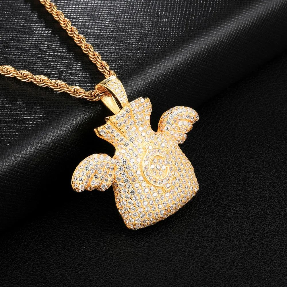 Cubic Zirconia Studded Dollar Cent Money Bag with Angel Wings Bling Hip-hop Pendant Necklace