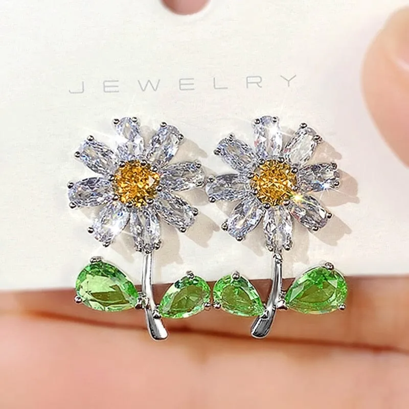 Daisy with Green Leaf Flower Diamond Earrings