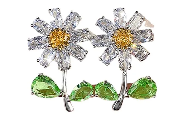 Daisy with Green Leaf Flower Diamond Earrings