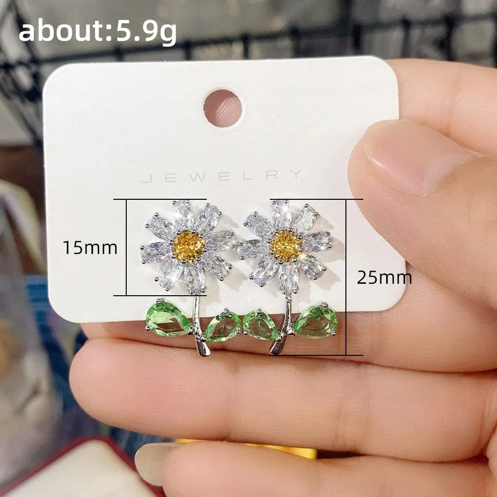 Daisy with Green Leaf Flower Diamond Earrings