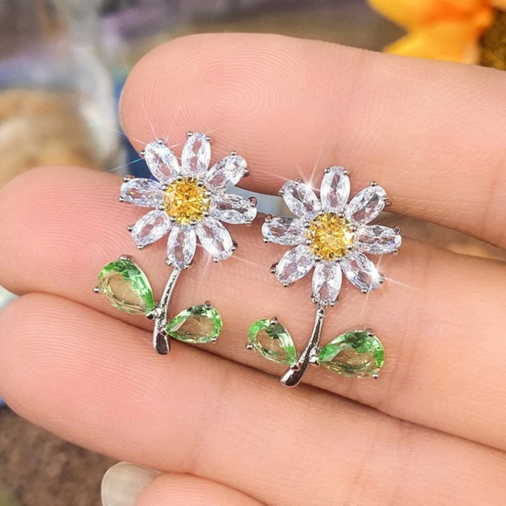 Daisy with Green Leaf Flower Diamond Earrings