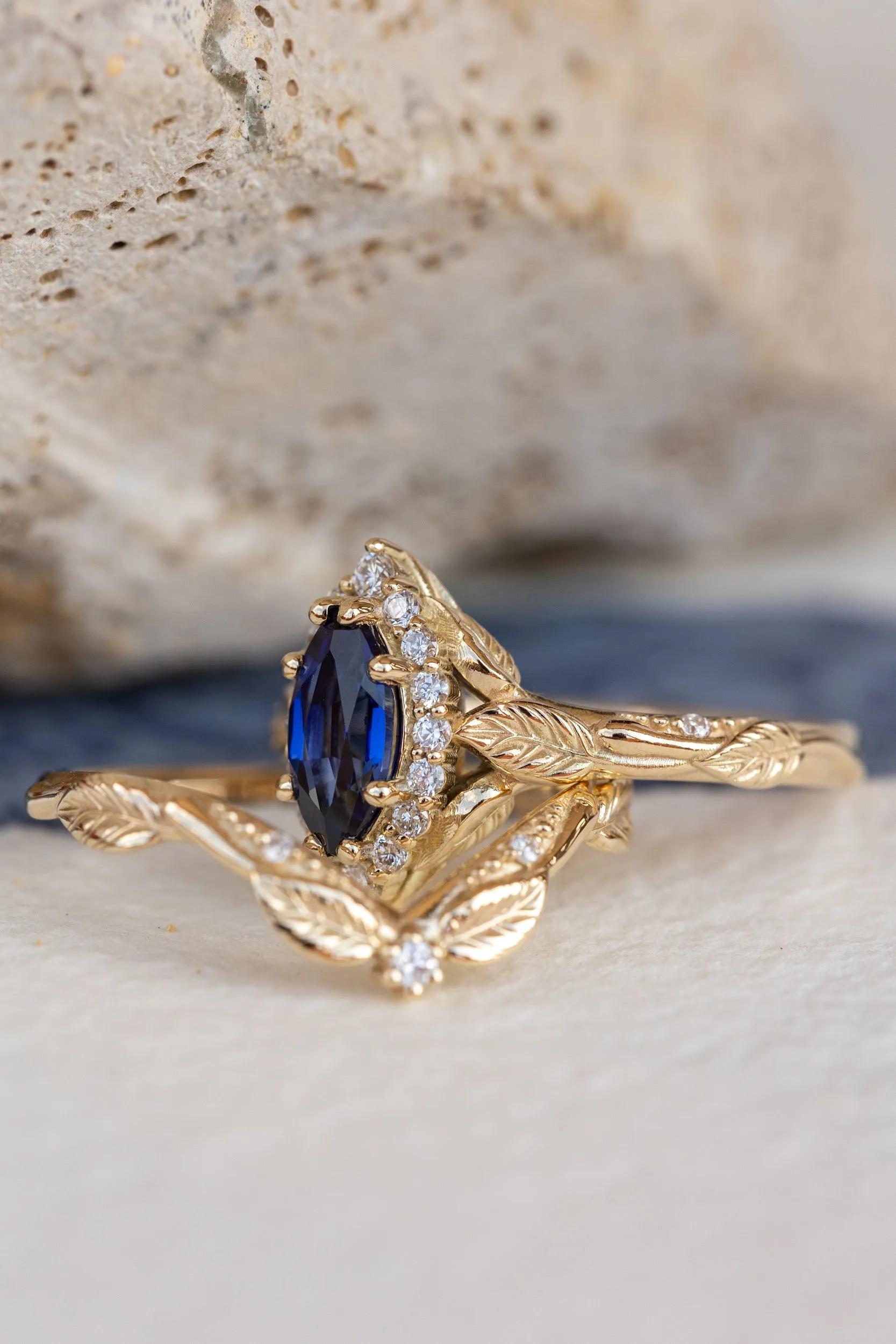 Dark blue lab sapphire engagement ring, gold proposal ring with marquise cut gemstone and diamond halo / Florentina