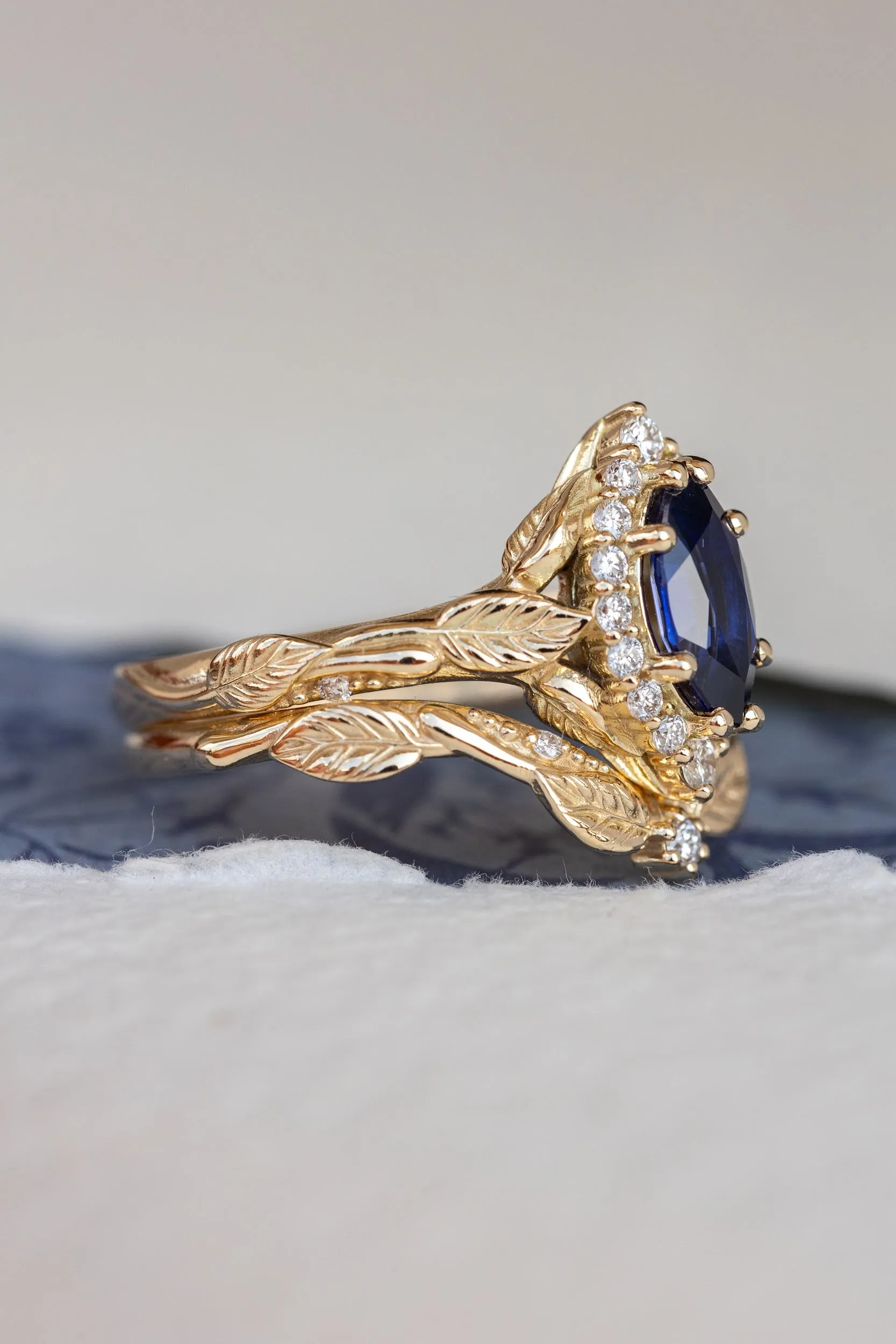 Dark blue lab sapphire engagement ring, gold proposal ring with marquise cut gemstone and diamond halo / Florentina